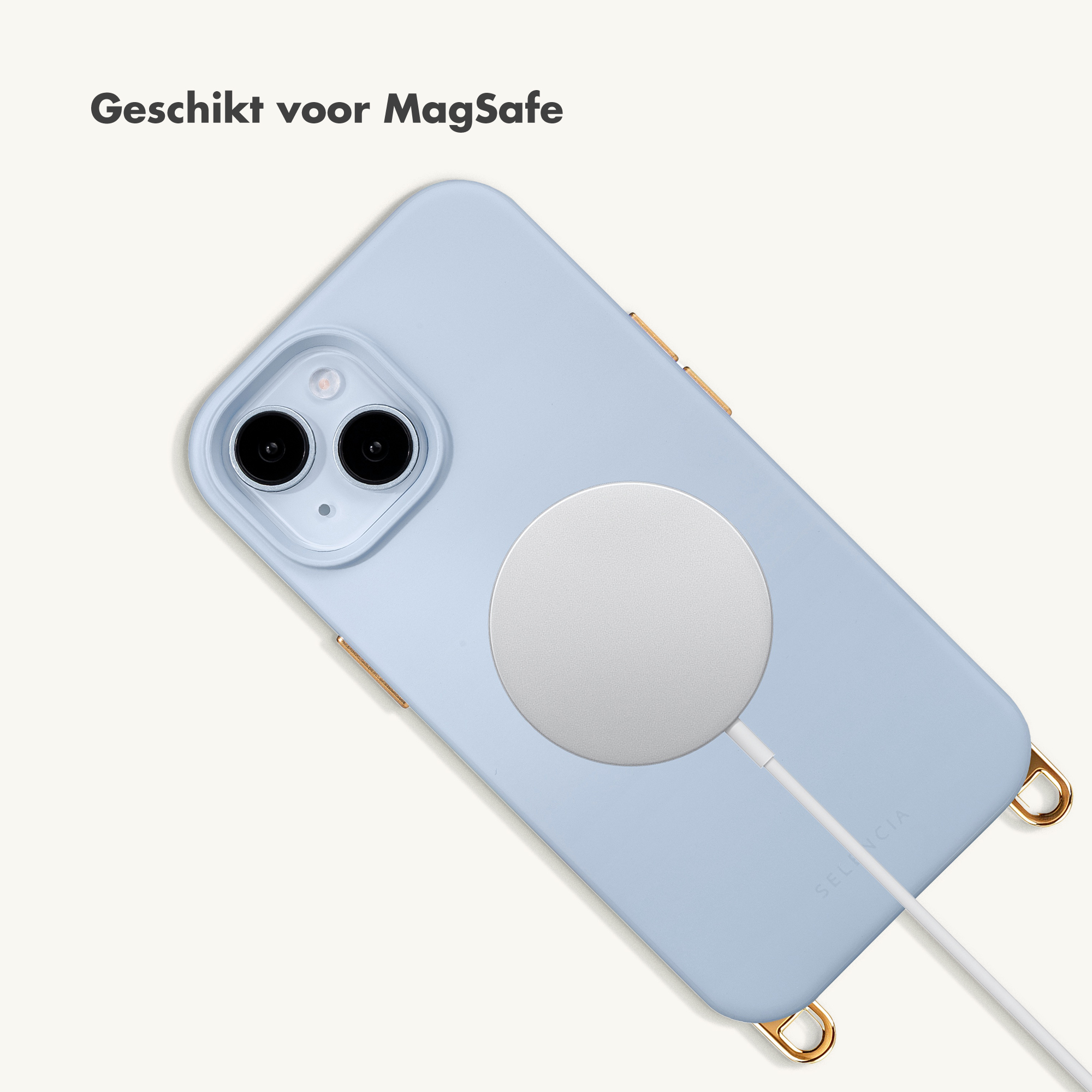 A light blue phone case with MagSafe charger and gold loops. Text: Suitable for MagSafe.