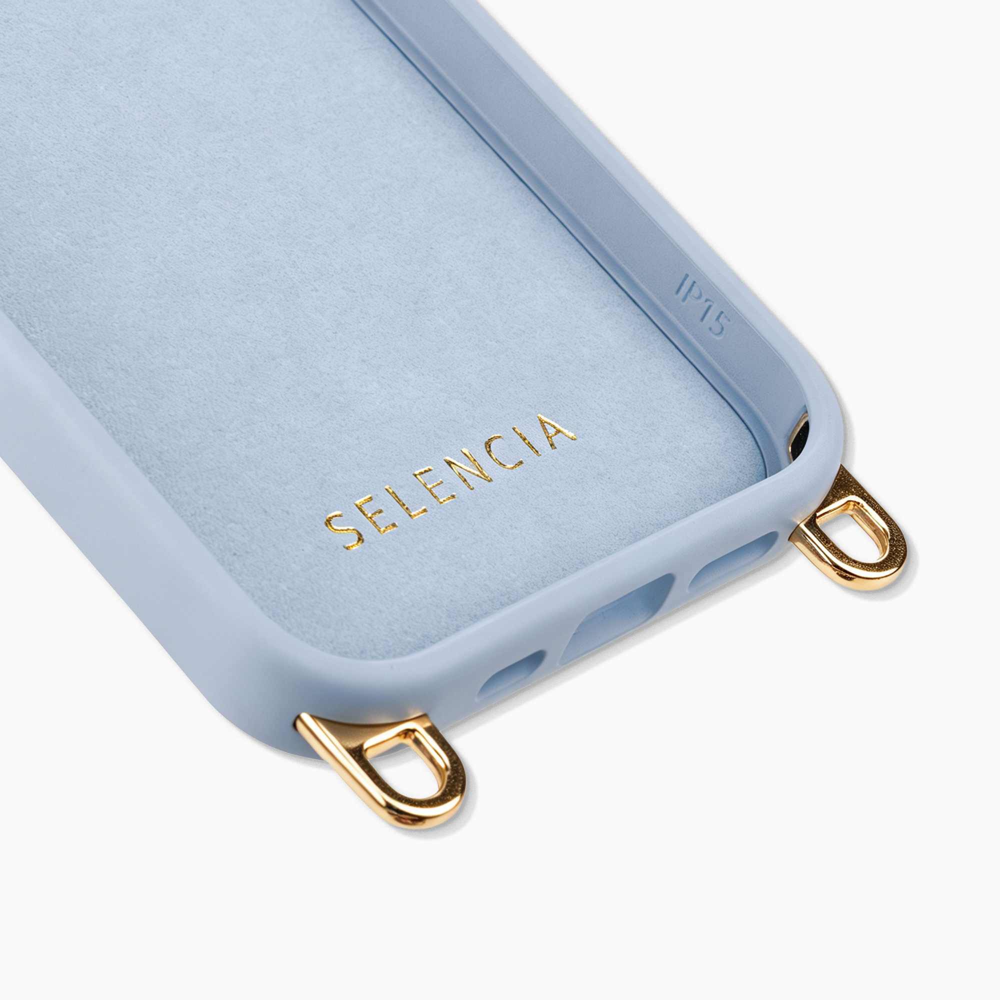 Light blue phone case with gold eyelets and logo.