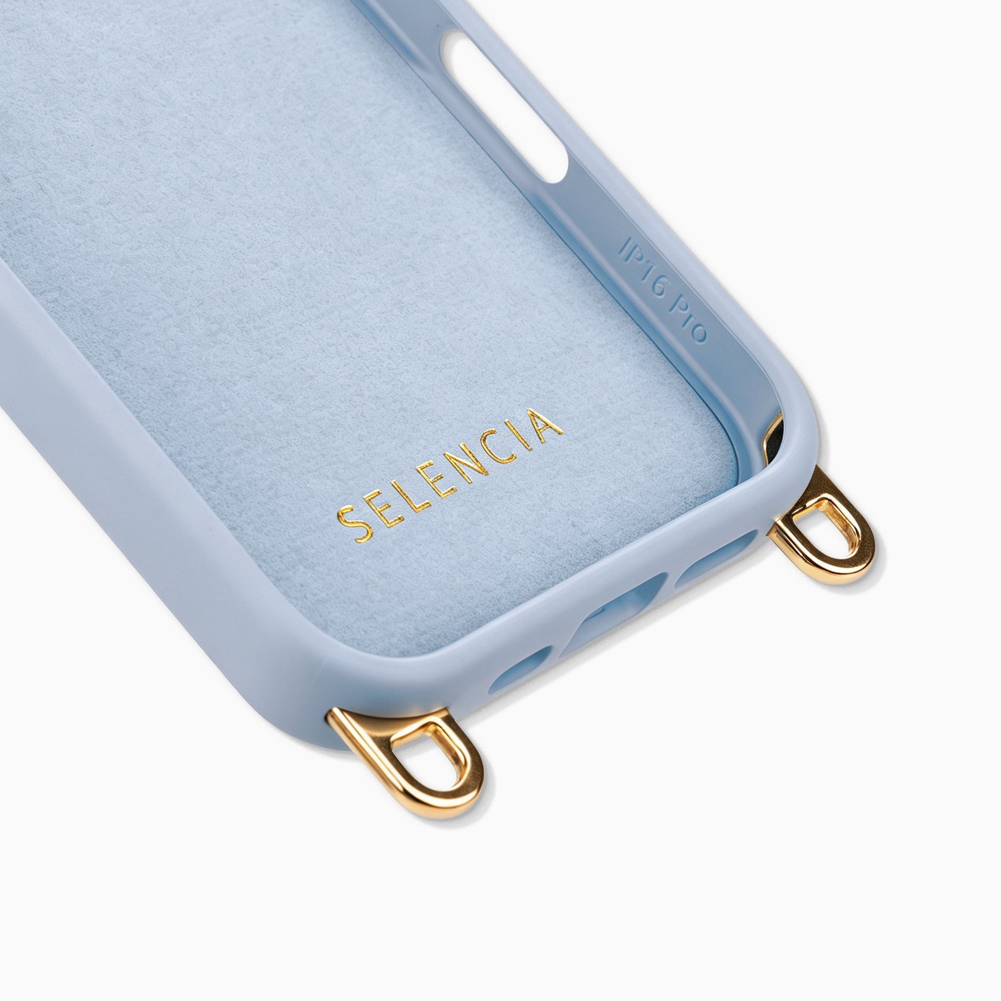 Una funda de móvil azul claro con ojales dorados y el logo SELENCIA.