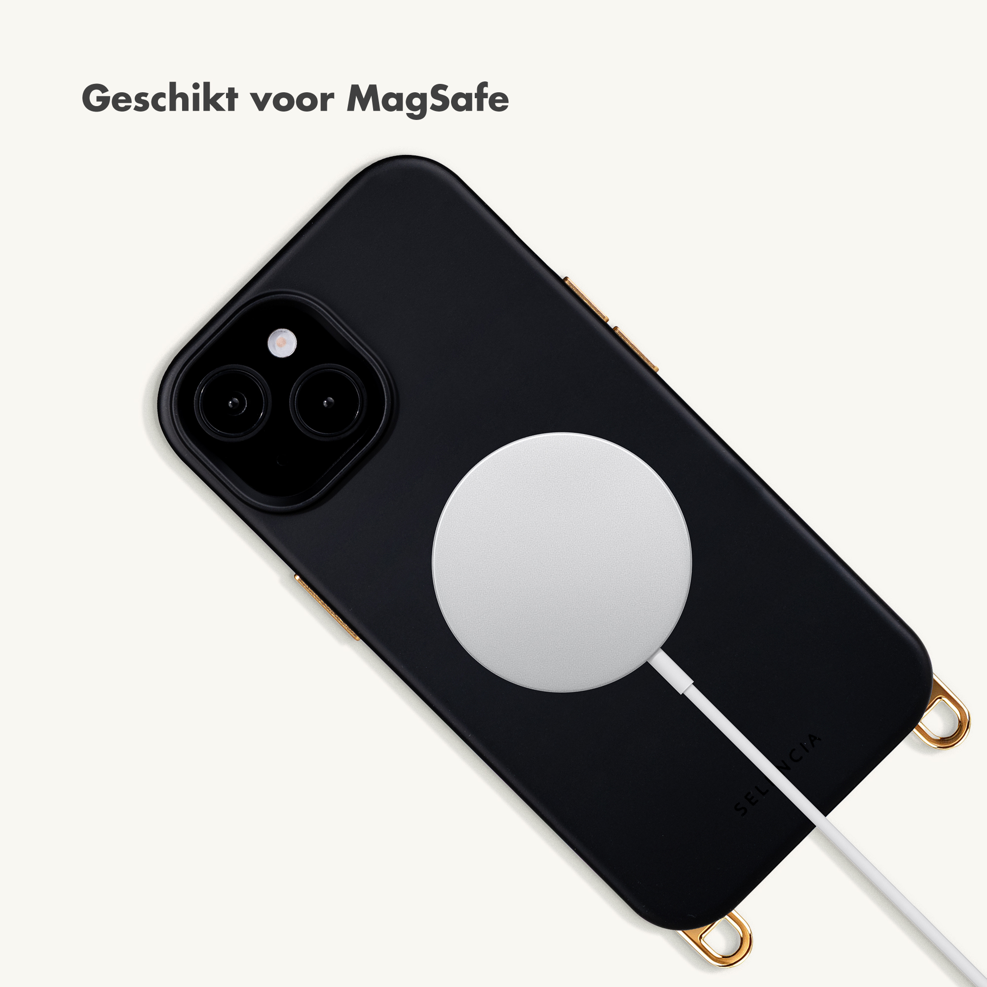 Black iPhone case with MagSafe charger and white cable attached.