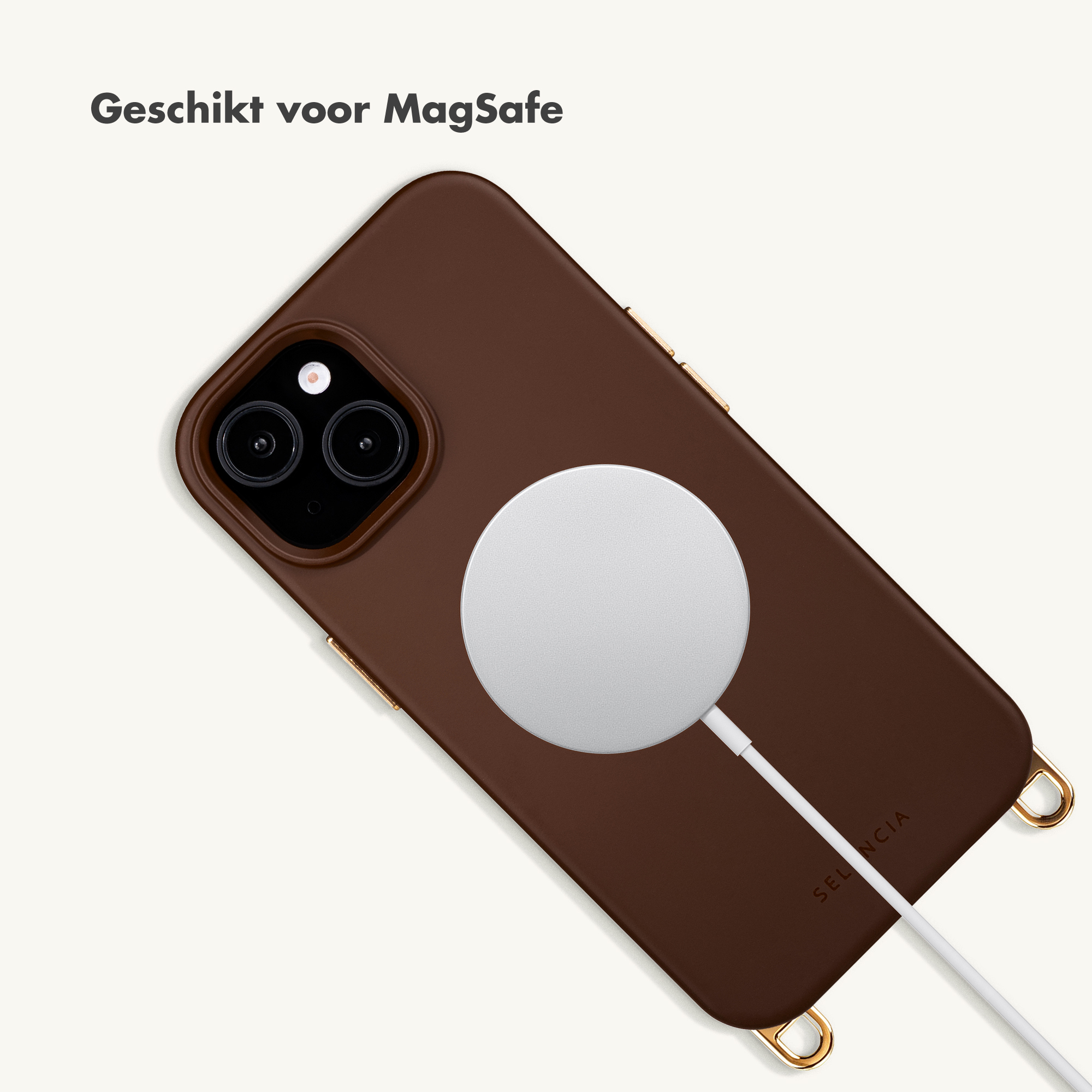 Brown phone case with MagSafe charger and white cable.