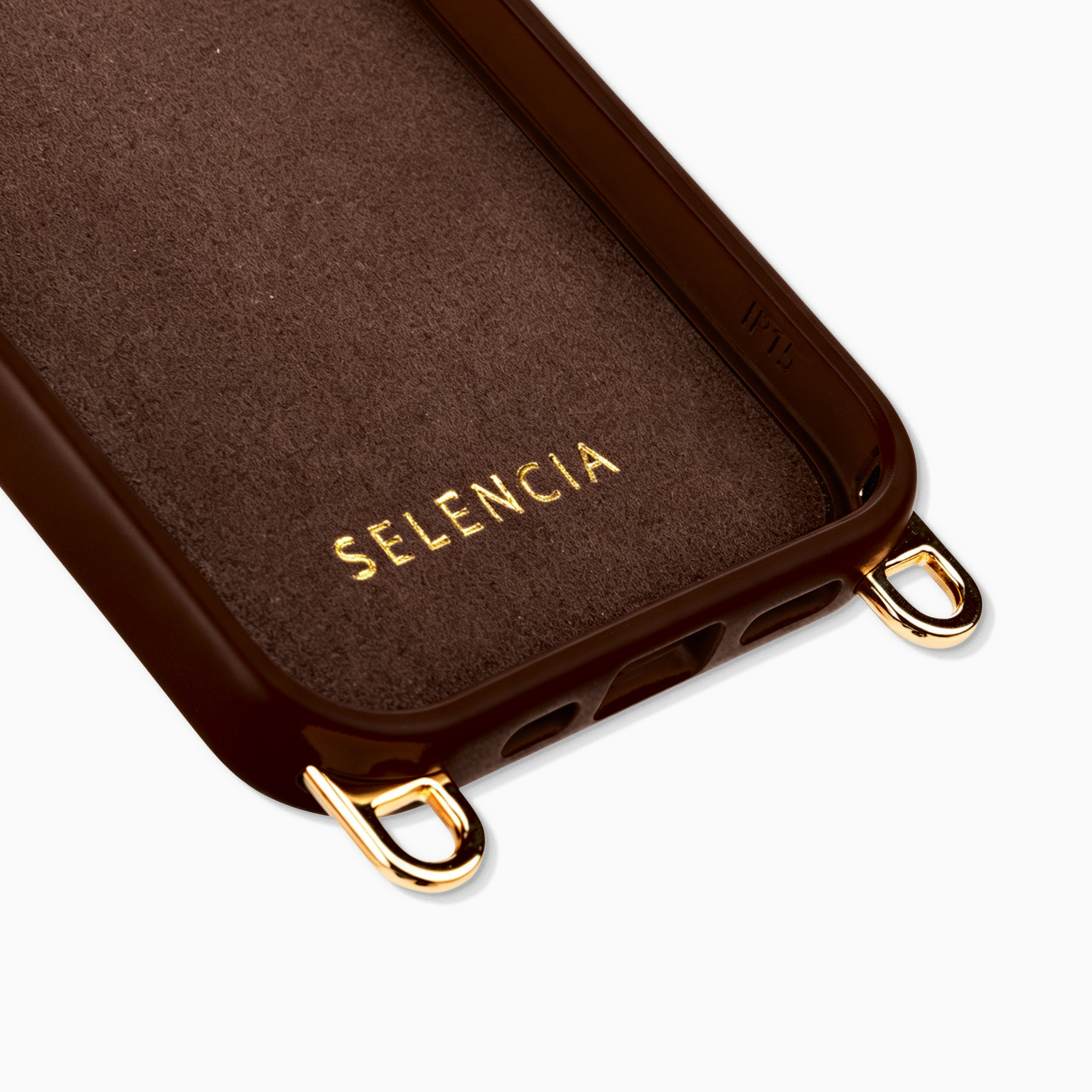 Dark brown phone case with a velvety lining and gold loops.
