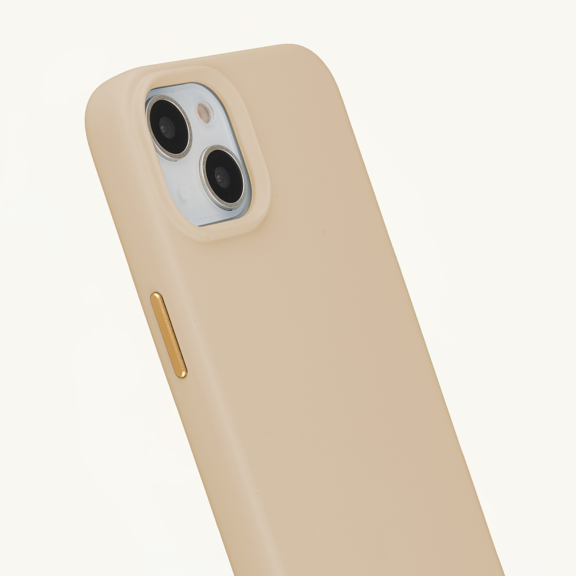 A tan phone case with two camera lenses and a gold button.