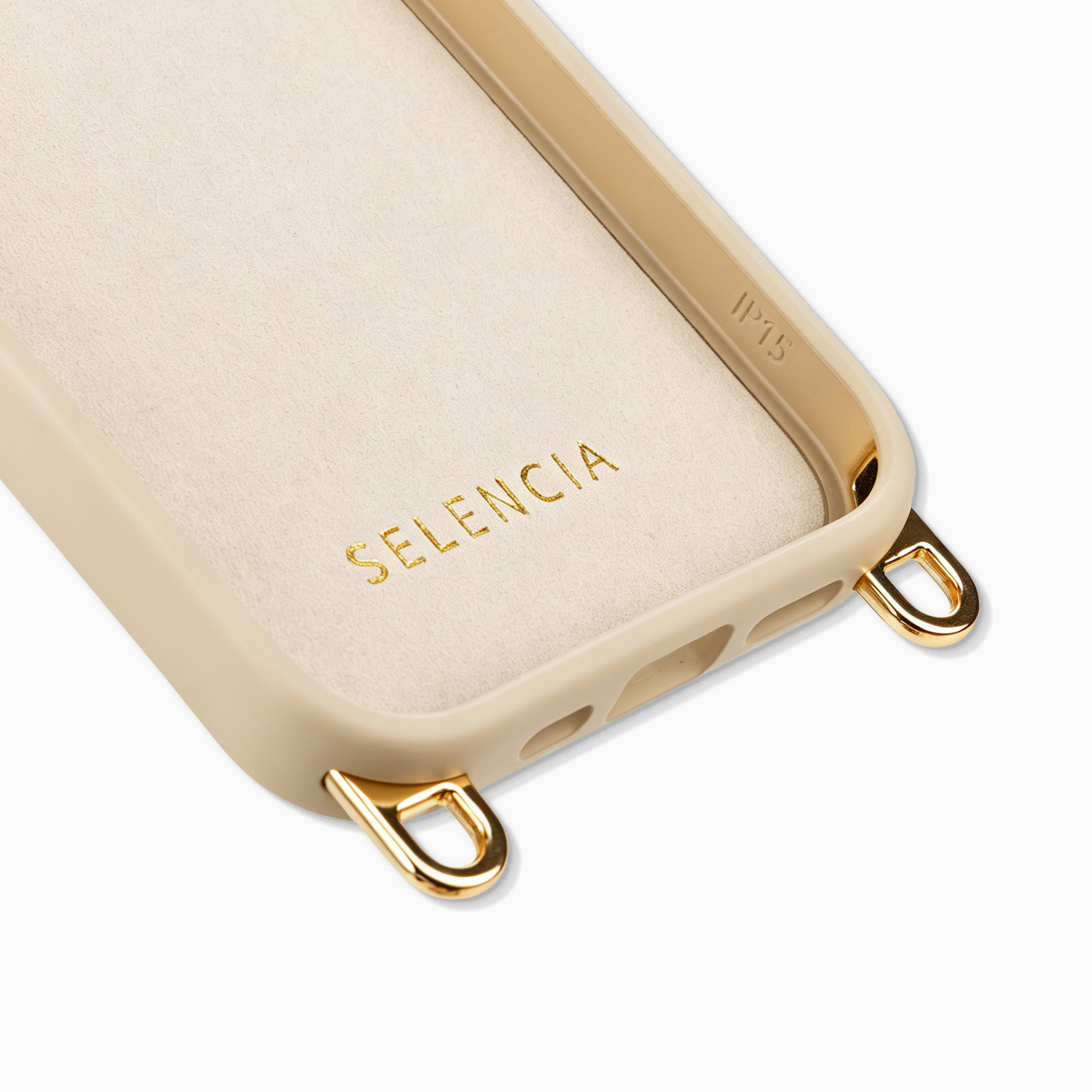 A beige phone case with gold attachments and the 'SELENCIA' logo.