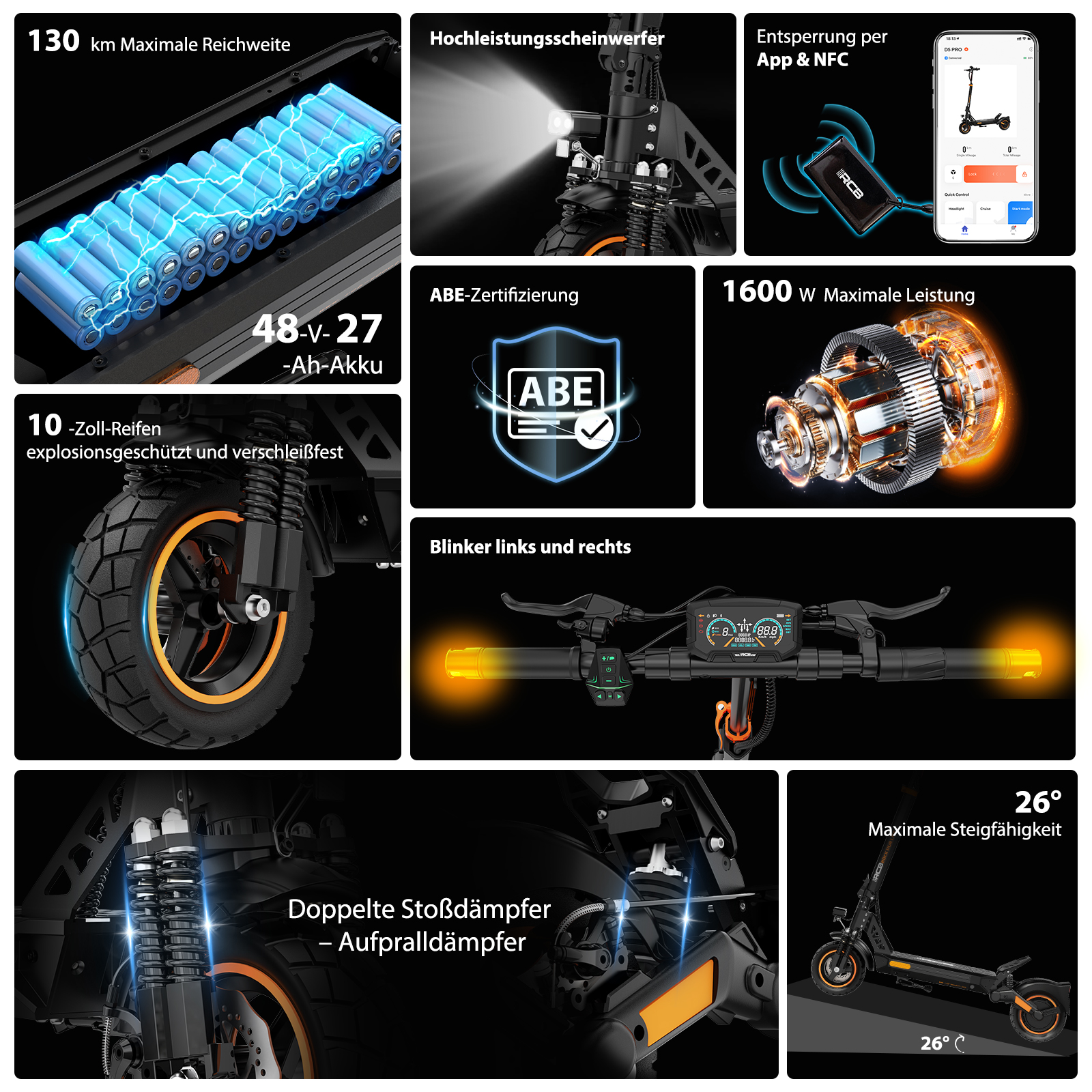 E-Scooter-Details: 130km Reichweite, 1600W Leistung, 10-Zoll-Reifen, ABE, App-Sperre.