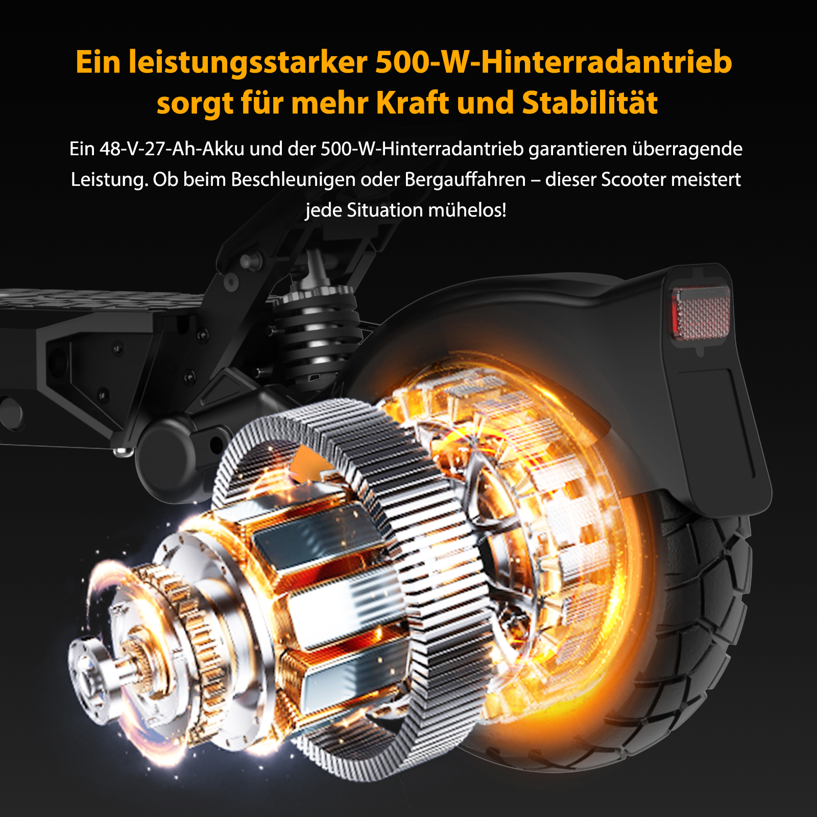 Detailansicht eines E-Scooter-Antriebs mit leuchtenden Spulen und Zahnrädern.