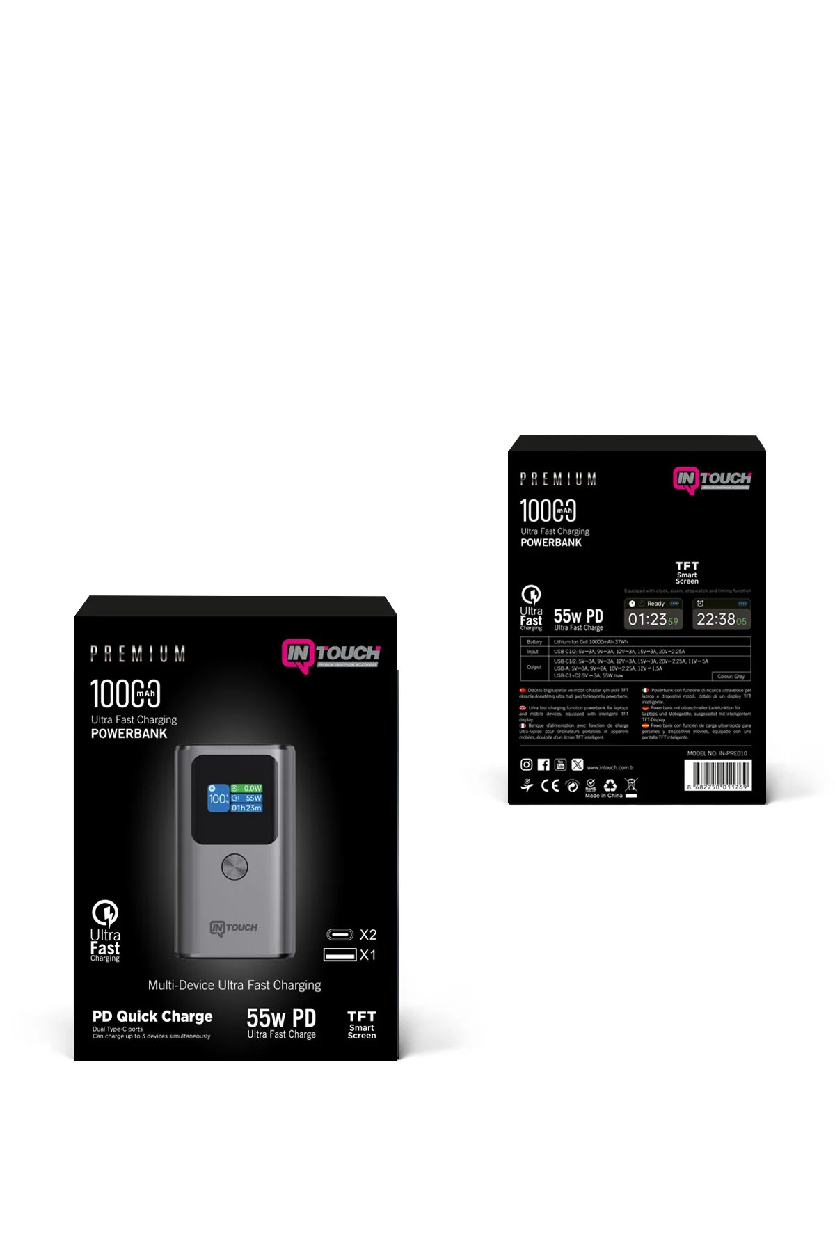 Gri 10000mAh powerbank TFT ekranlı, 55W PD, Ultra Hızlı Şarj.