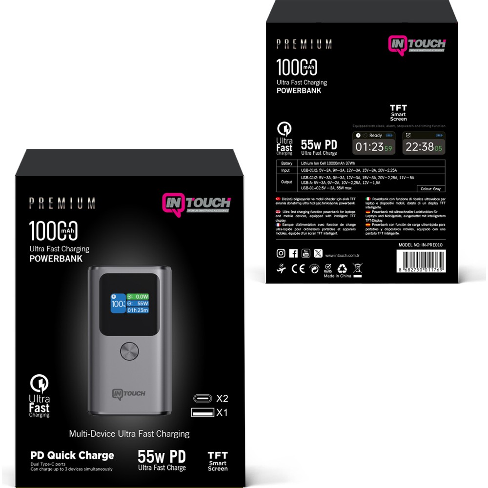 Gri powerbank ambalaj kutusu, ürün resmi ve detayları içerir.