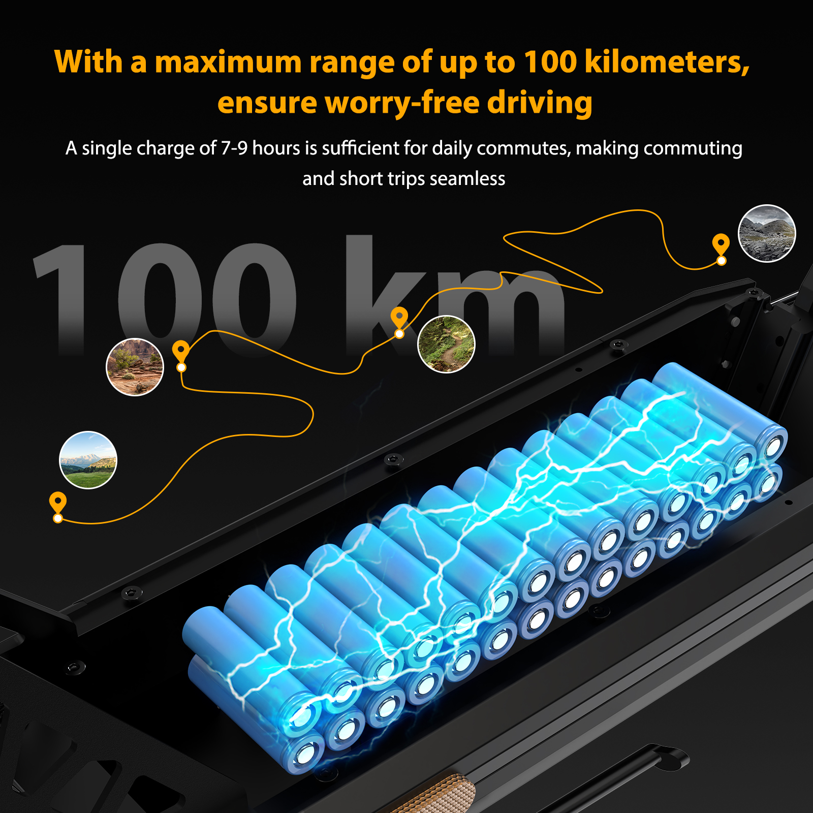 Blaue Batterien mit elektrischen Funken; Text '100 km' und Routenkarte.