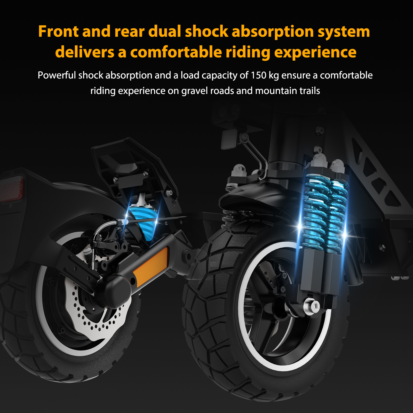 Nahaufnahme von E-Scooter-Stoßdämpfern und Reifen mit Text.