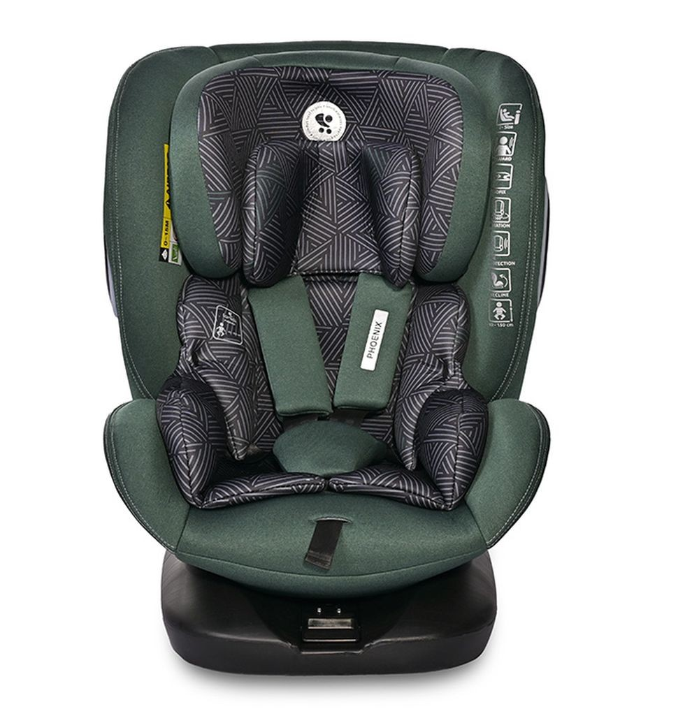 Ein grüner Kindersitz mit schwarzem Muster und 5-Punkt-Gurt.
