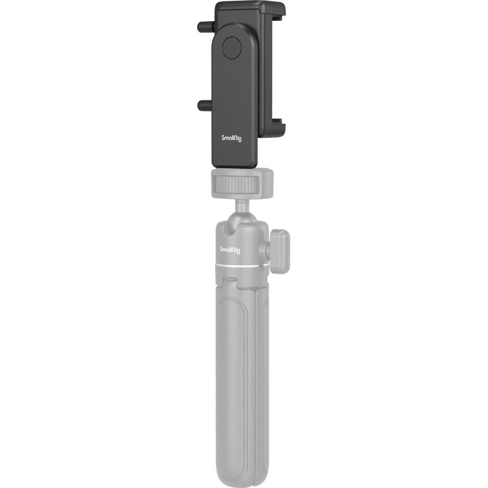 Ein schwarzer Handyhalter auf einem grauen Mini-Stativ mit weißem Hintergrund.