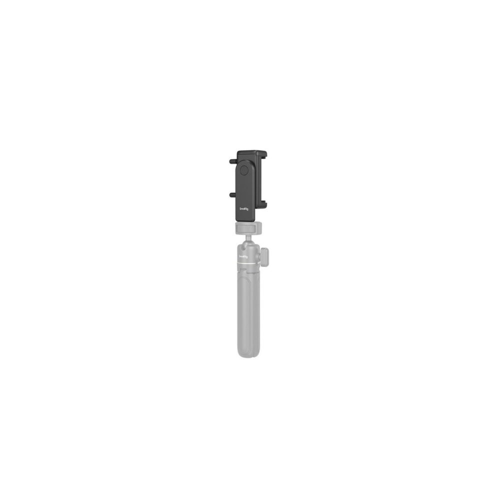 Schwarzer Smartphone-Halter auf einem grauen Stativgriff. Minimalistisches Design.