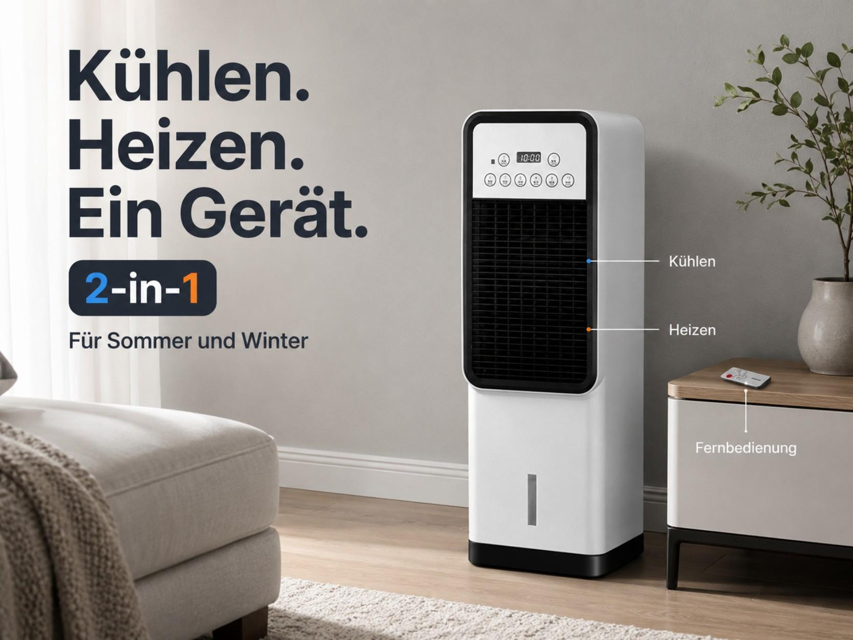 Ein weißer Klimaanlagen-Turm mit schwarzem Lüftungsgitter und Bedienfeld.
