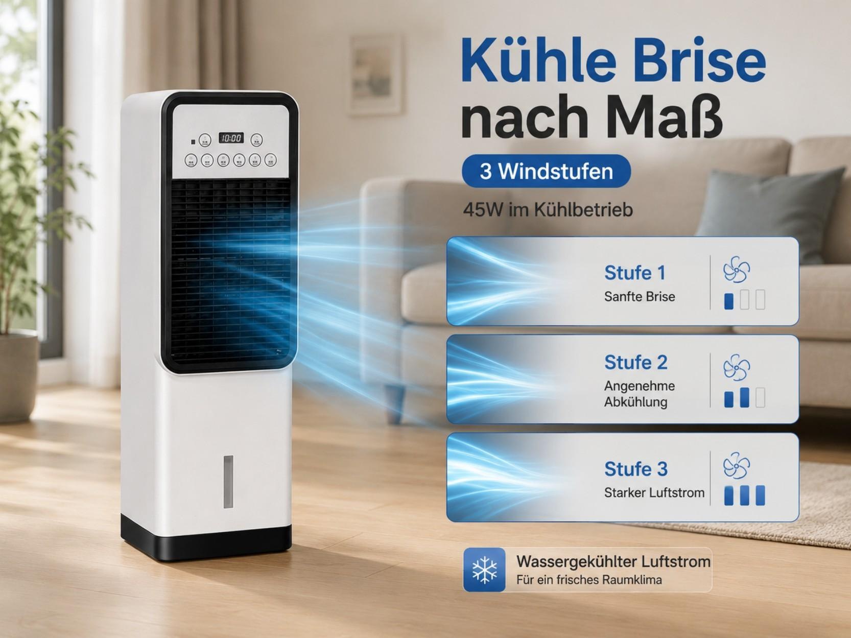 Ein weißer Luftkühler im Wohnzimmer mit blauen Luftströmen und Einstellungen für 3 Stufen.