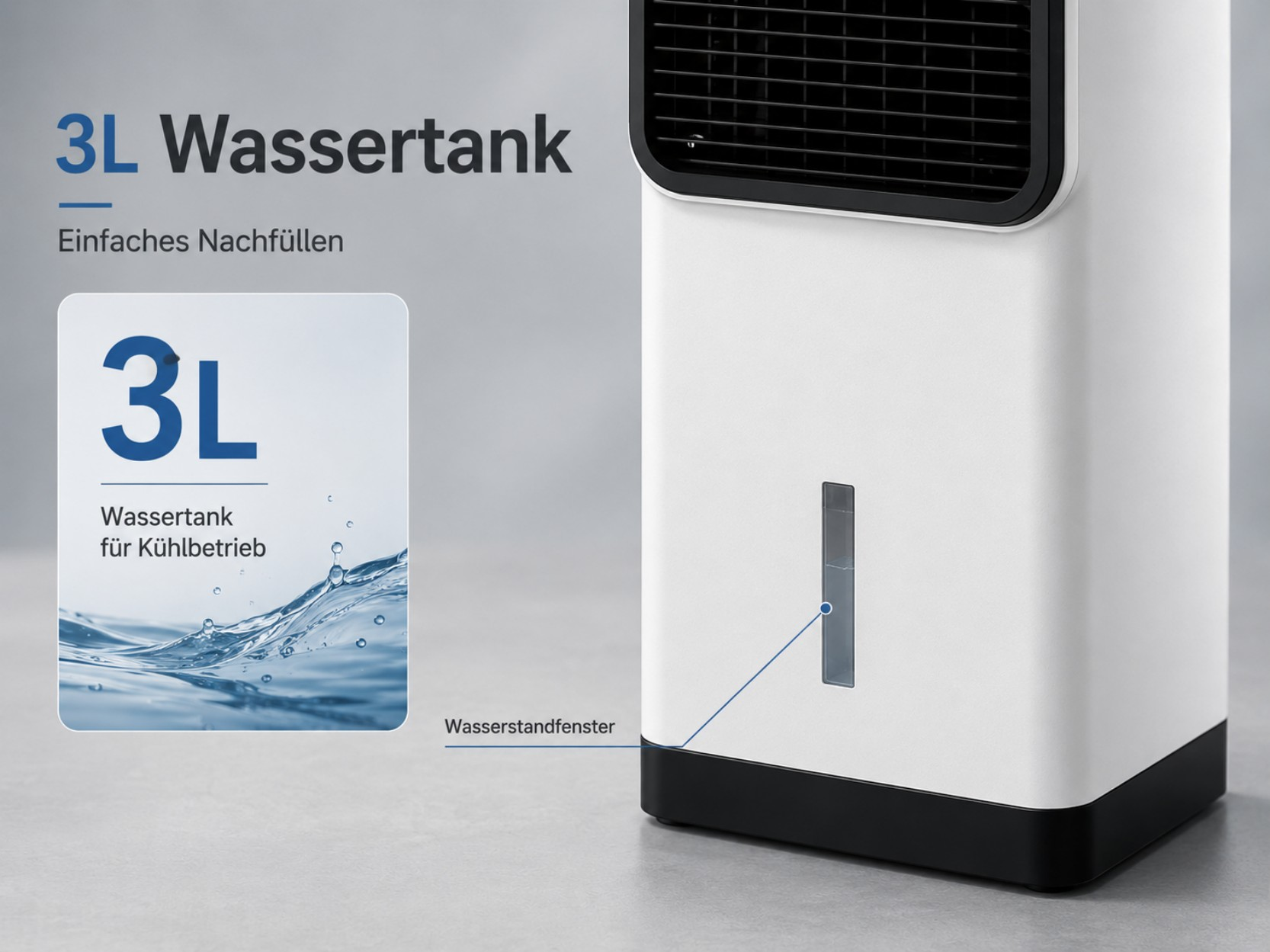 Ein weißer Luftkühler mit 3L Wassertank und Wasserstandsanzeige.