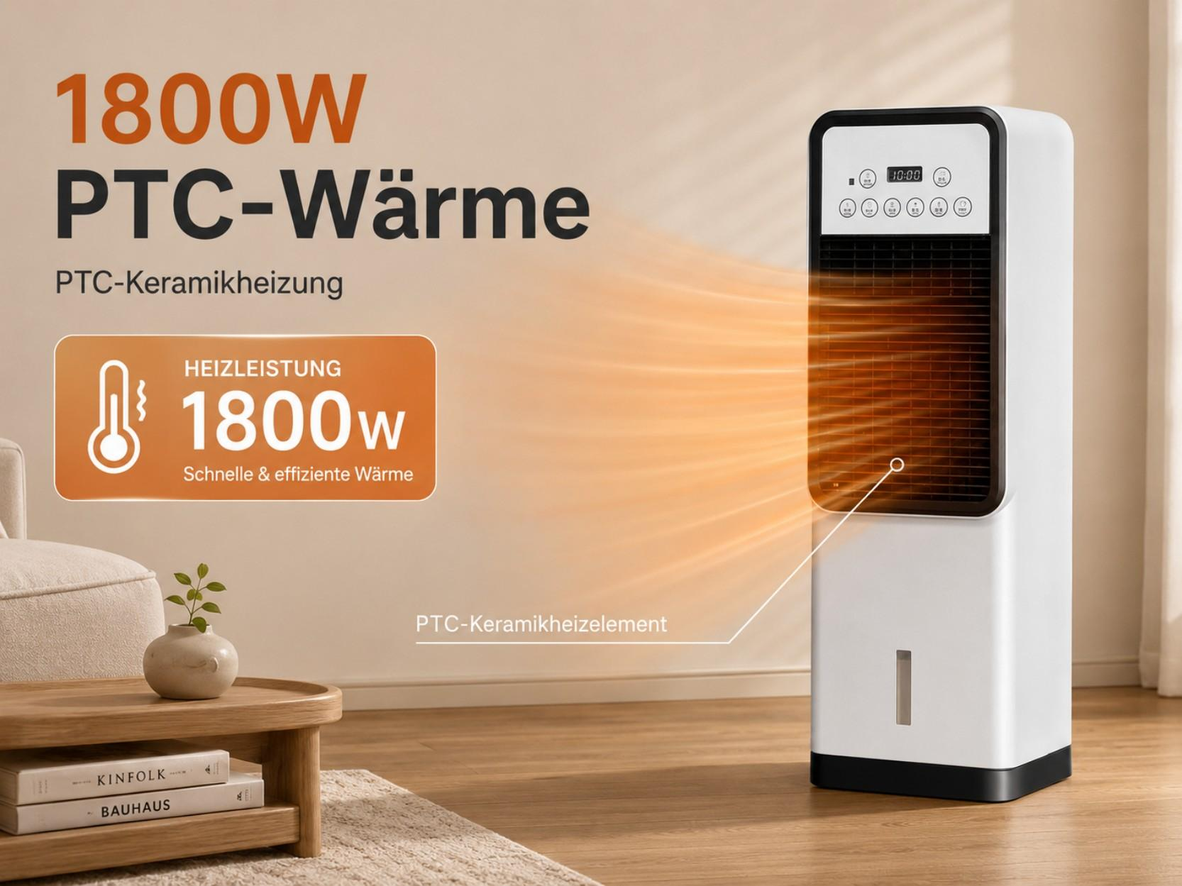 Ein weißer PTC-Keramikheizer mit Lüftungsschlitzen und Display, der warme Luft ausstößt.