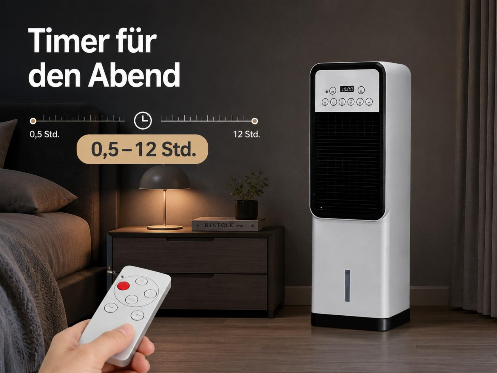 Ein weißer Luftkühler steht neben einem Bett, mit einer Fernbedienung.
