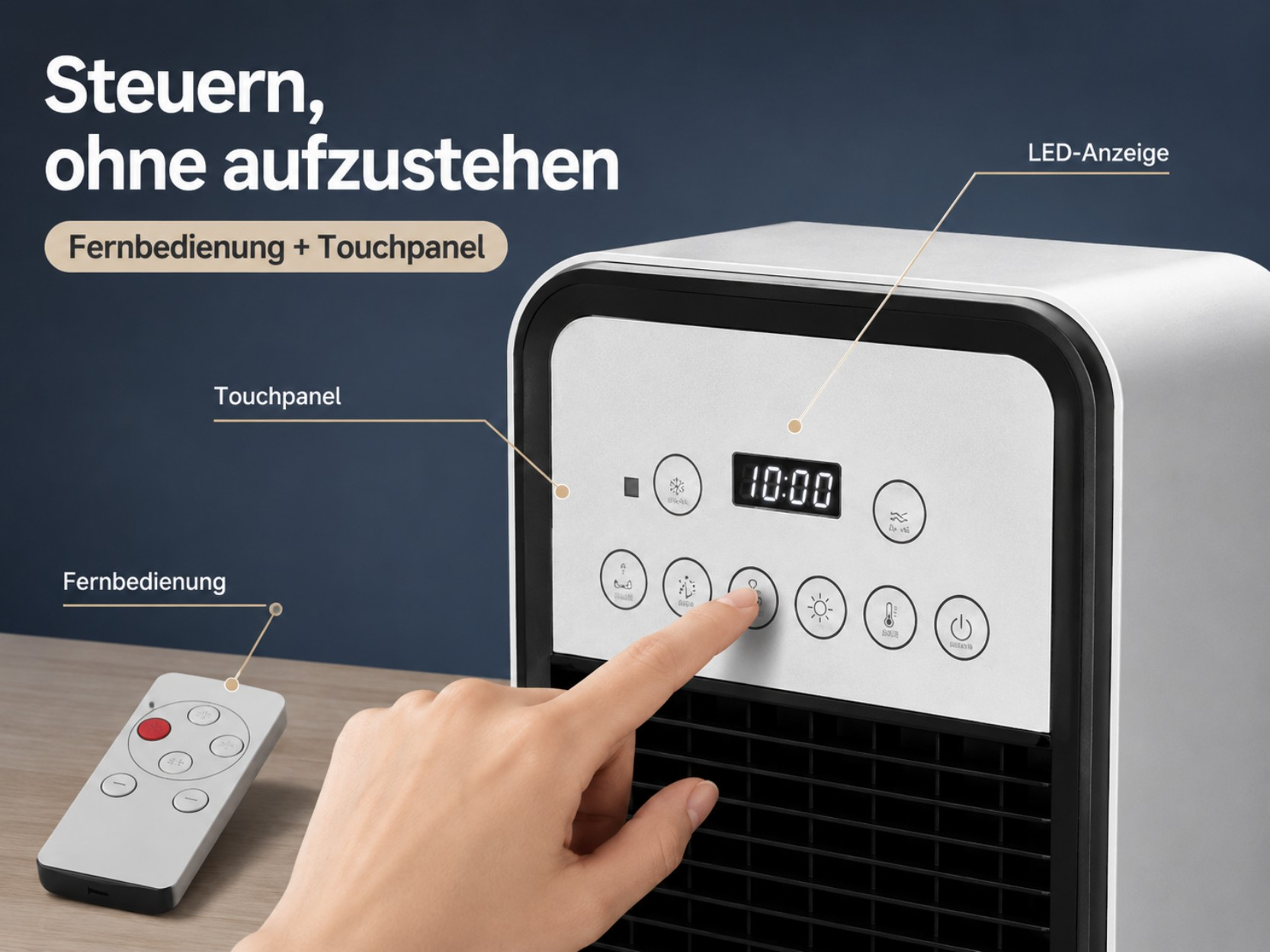 Ein Finger drückt auf das Bedienfeld eines Heizlüfters mit Fernbedienung.