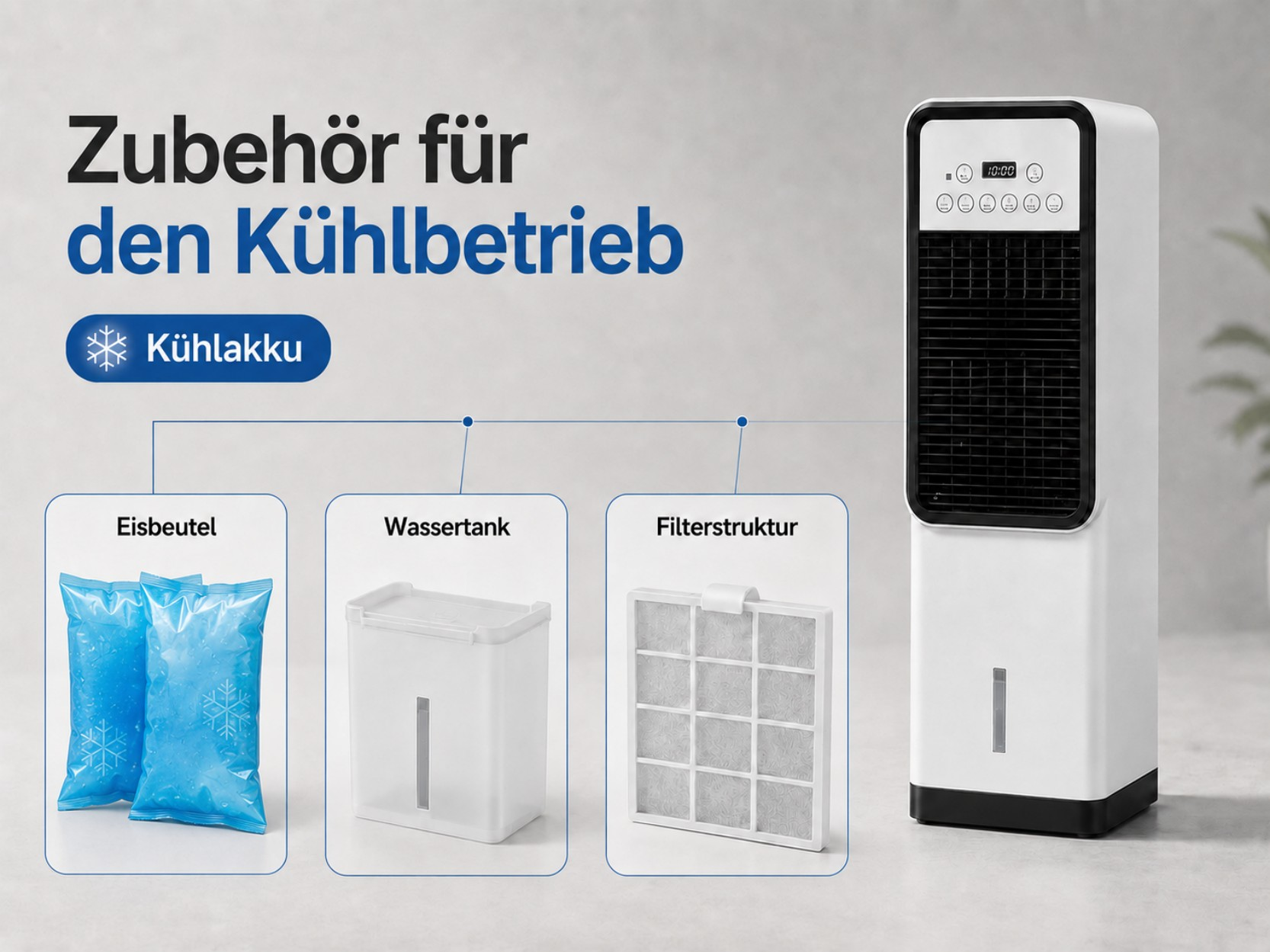 Zubehör für den Kühlbetrieb: Eisbeutel, Wassertank und Filterstruktur.