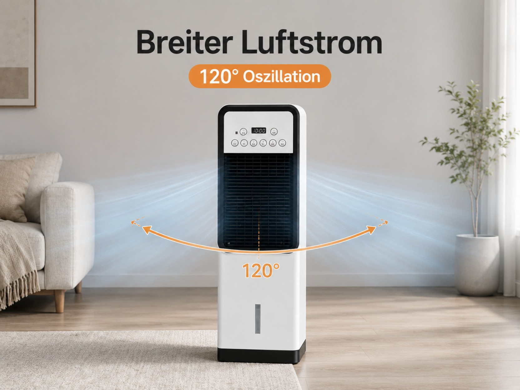 Ein weißer Luftkühler mit Lüfterfunktion in einem Wohnzimmer, der 120° Luftstrom zeigt.