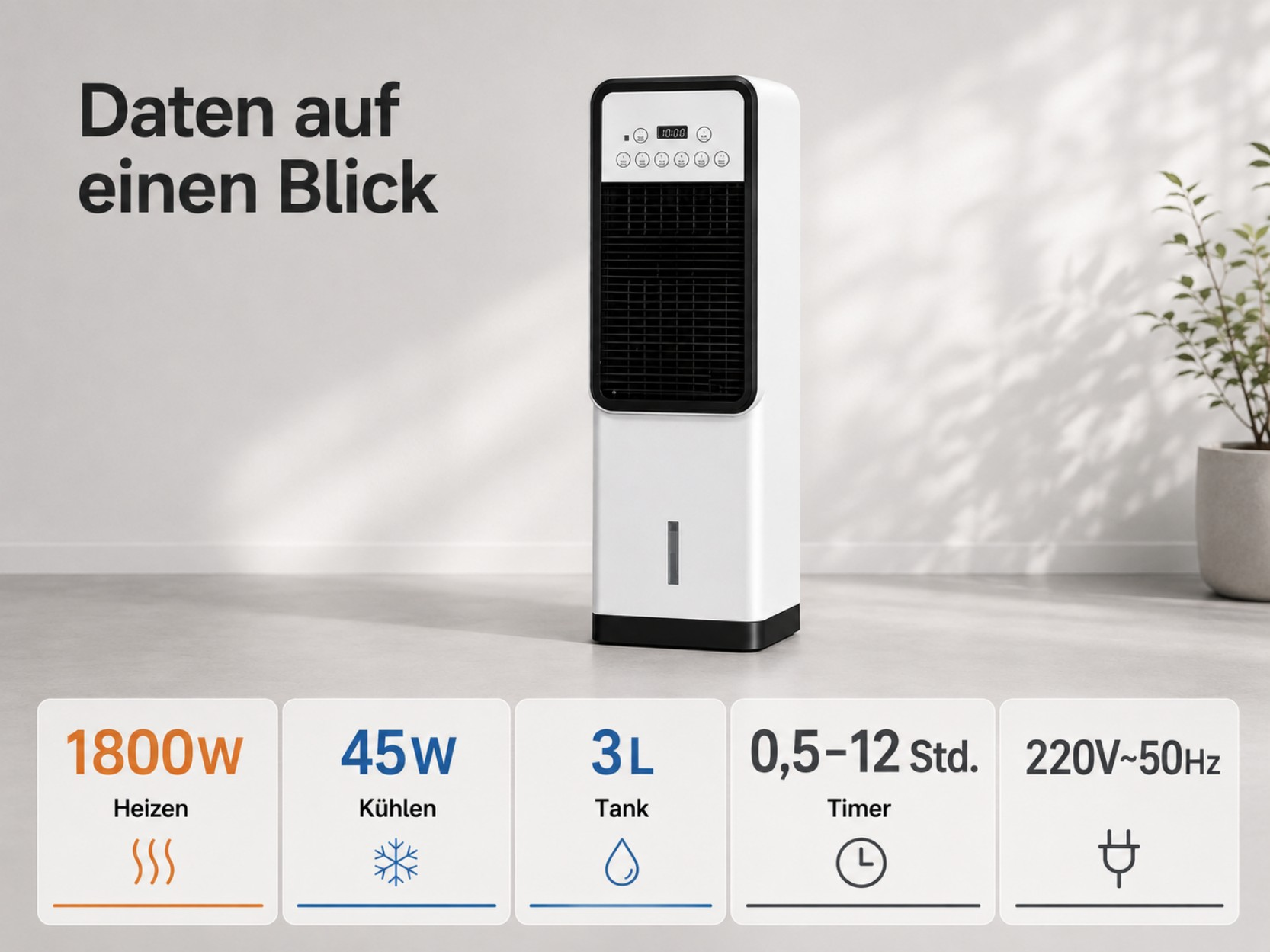 Ein weißer Luftkühler mit schwarzem Gitter und Bedienfeld, daneben eine Pflanze.