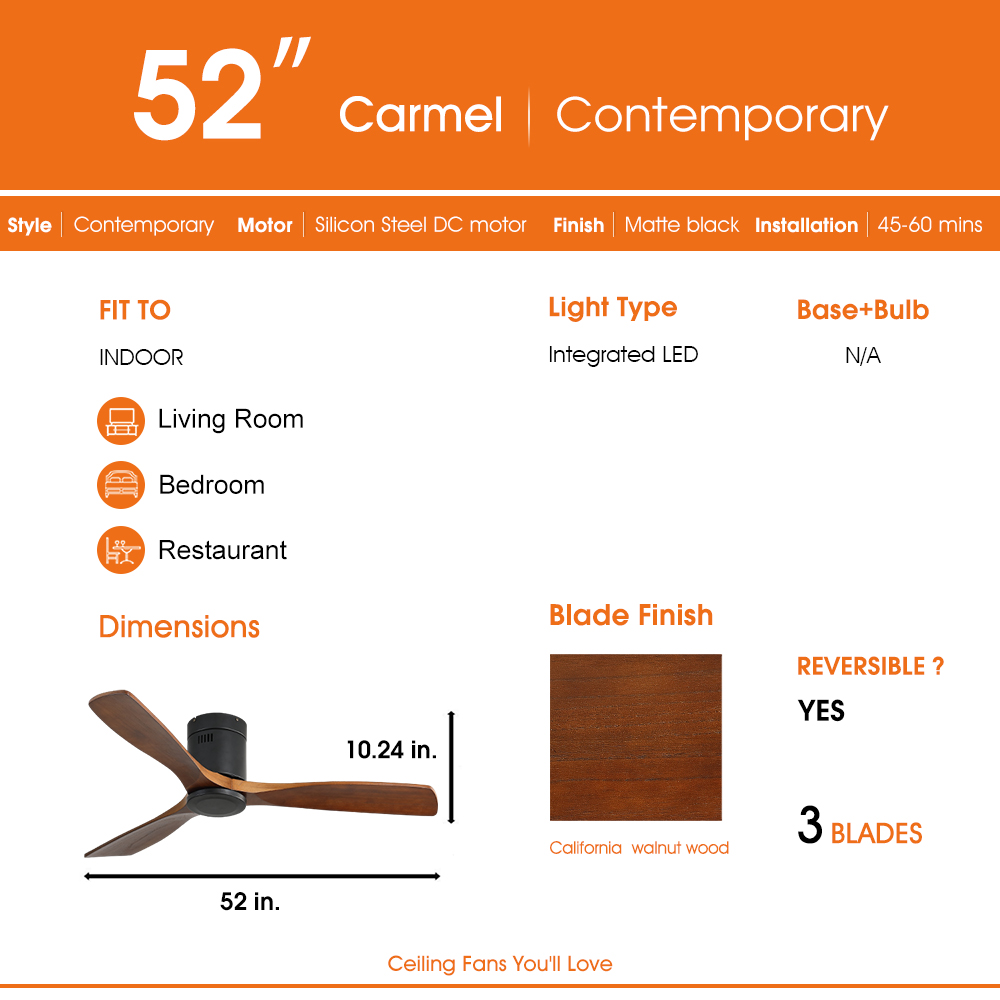 52" Carmel Deckenventilator mit Holzblättern, Maße 52x10,24 Zoll.