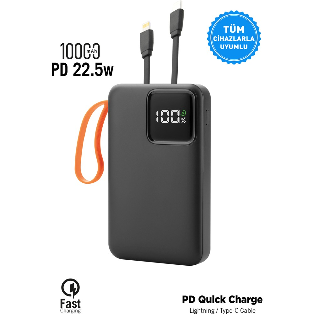 10000 mAh 22,5W PD siyah powerbank, turuncu kordonlu ve %100 gösteren dijital ekranlı.