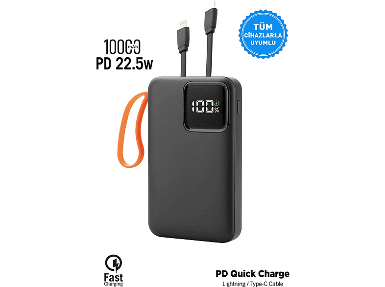 INTOUCH Mini Kablolu Hızlı 22 W PD Quick Fast 10000 mAh Powerbank Siyah
