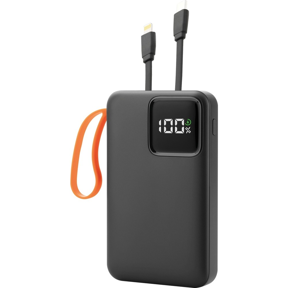 Turuncu kordonlu siyah powerbank, %100 şarj göstergeli.