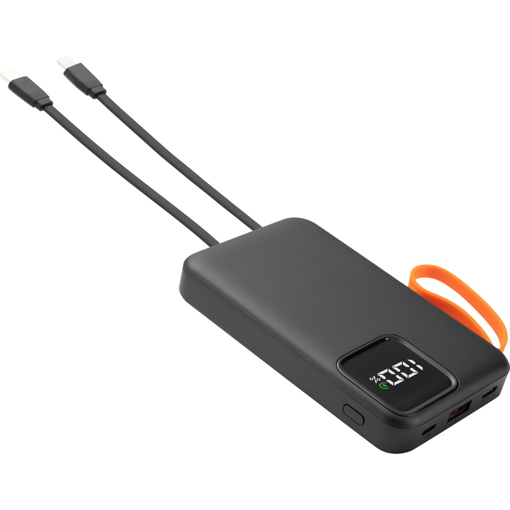 Entegre iki kablolu ve %100 gösteren dijital ekranlı siyah powerbank.