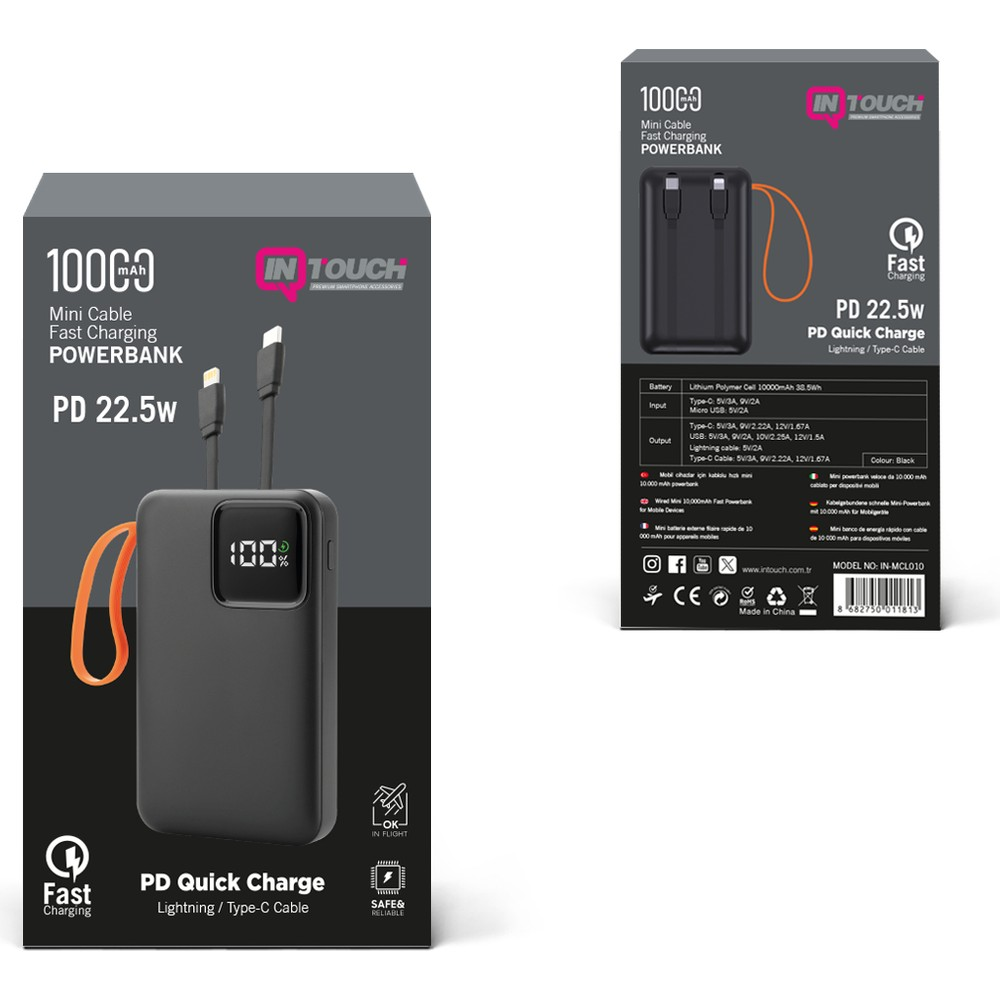Siyah 10000 mAh powerbank, PD 22,5W, kablolar ve dijital ekranlı.
