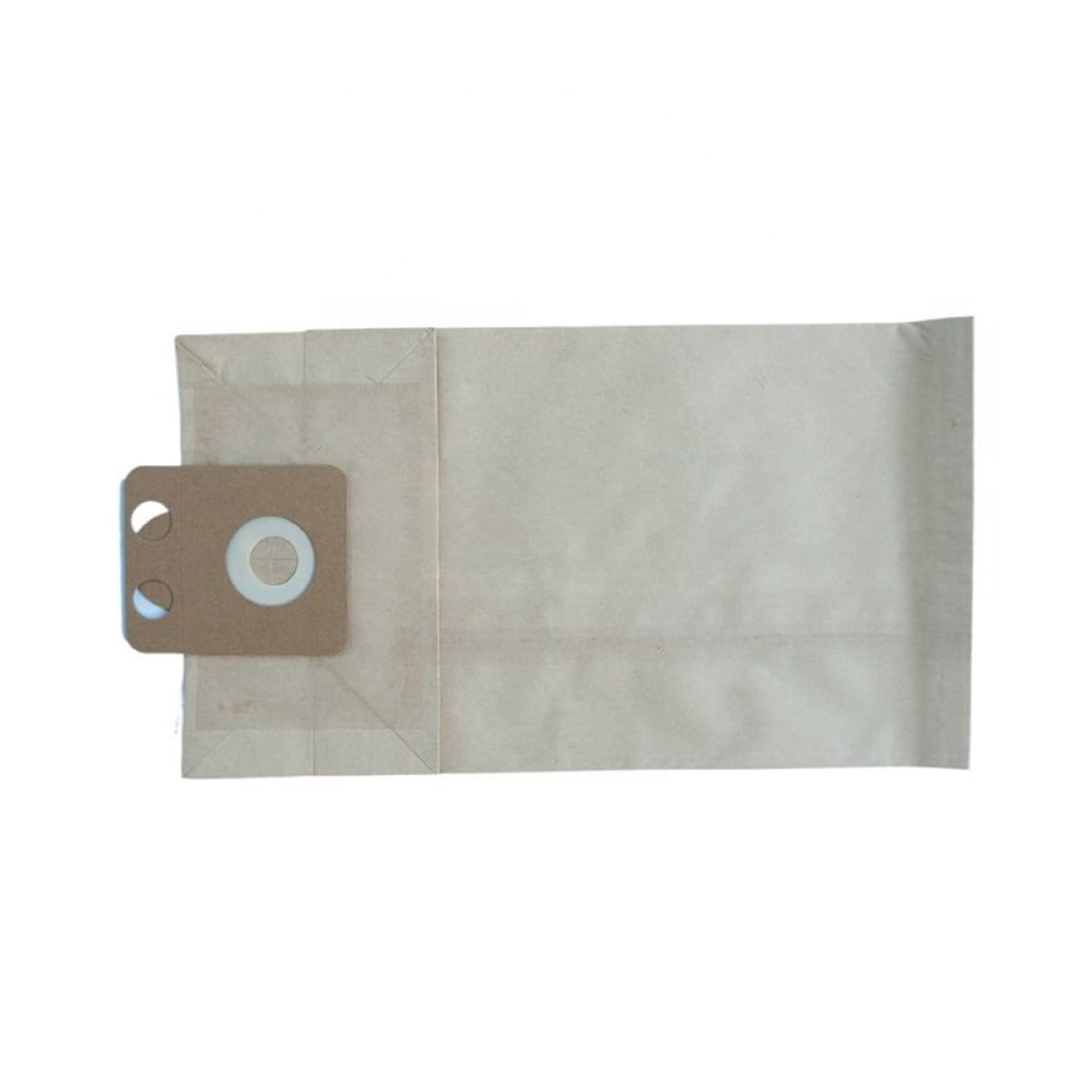 Ein brauner Papierstaubsaugerbeutel mit einem Pappadapter und einer weißen Dichtung.