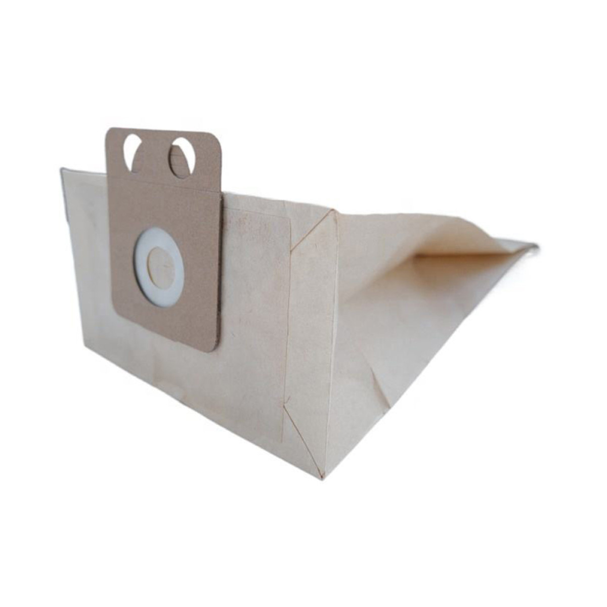 Eine beige Papier-Staubsaugerbeutel mit Kartonzusatz und runder Öffnung.