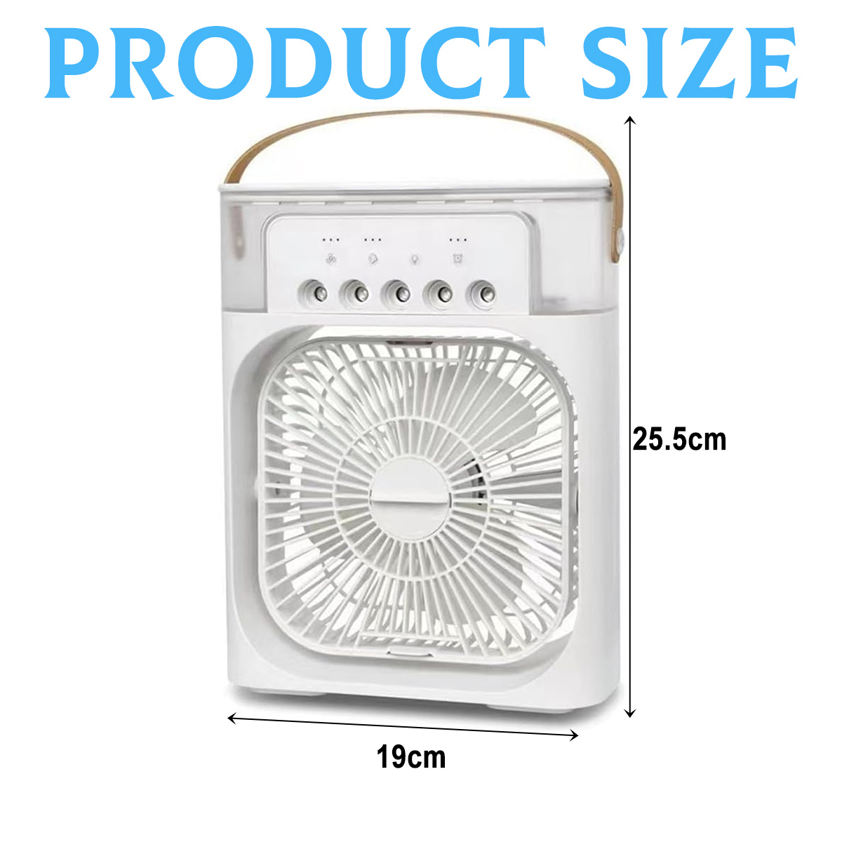 Weißer tragbarer Ventilator, 19cm breit, 25,5cm hoch, mit Bedienelementen u. Griff.