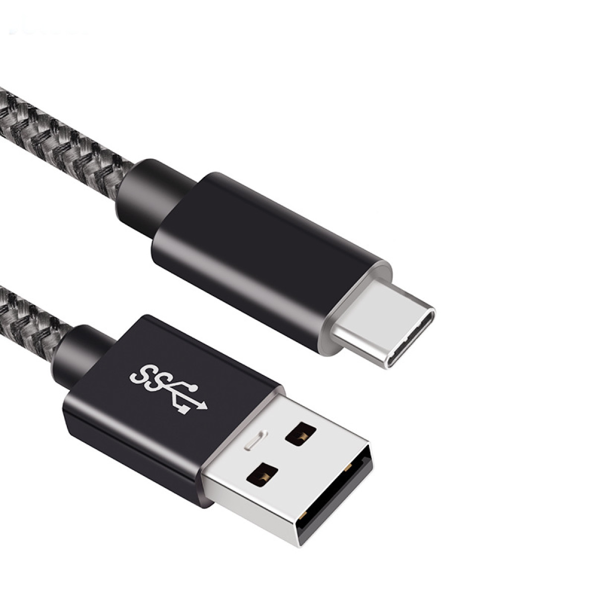 Ein USB-C-zu-USB-A-Kabel mit schwarzem, geflochtenem Mantel und silbernen Anschlüssen.