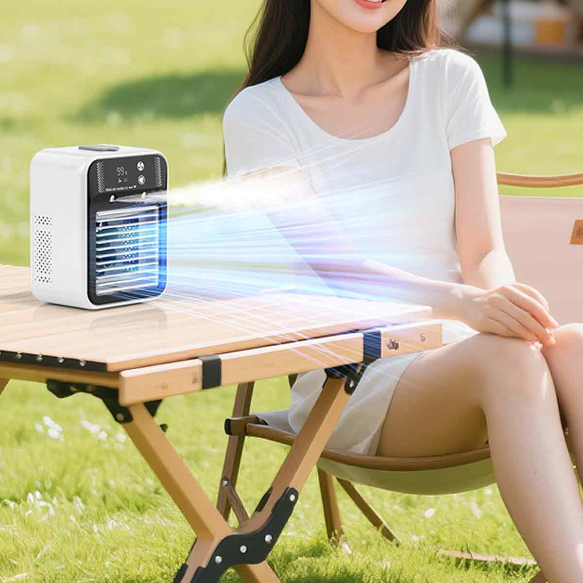 Ein tragbarer Klimaanlage kühlt eine Frau im Freien auf einem Tisch.