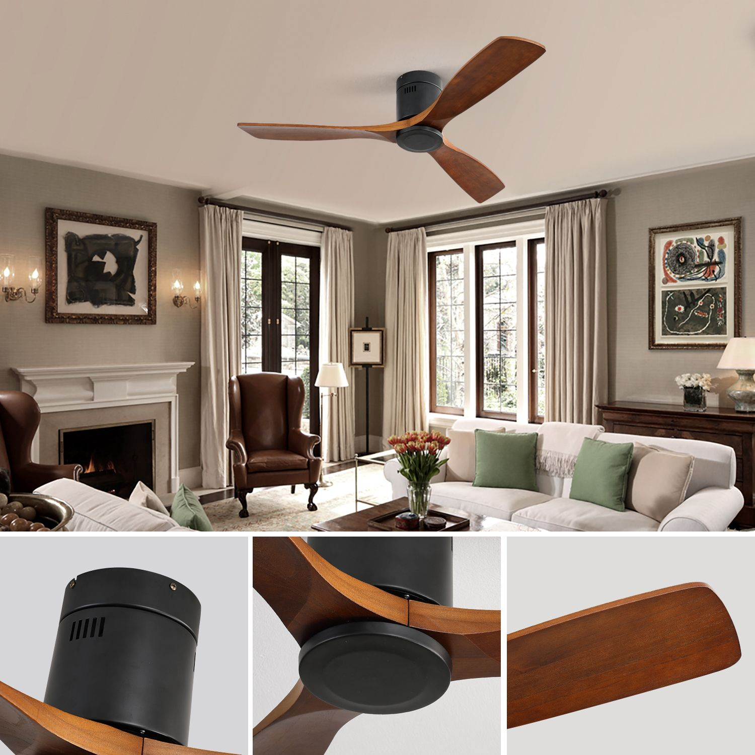 Ein Deckenventilator mit Holzflügeln über einem Wohnzimmer mit Sofa und Kamin.