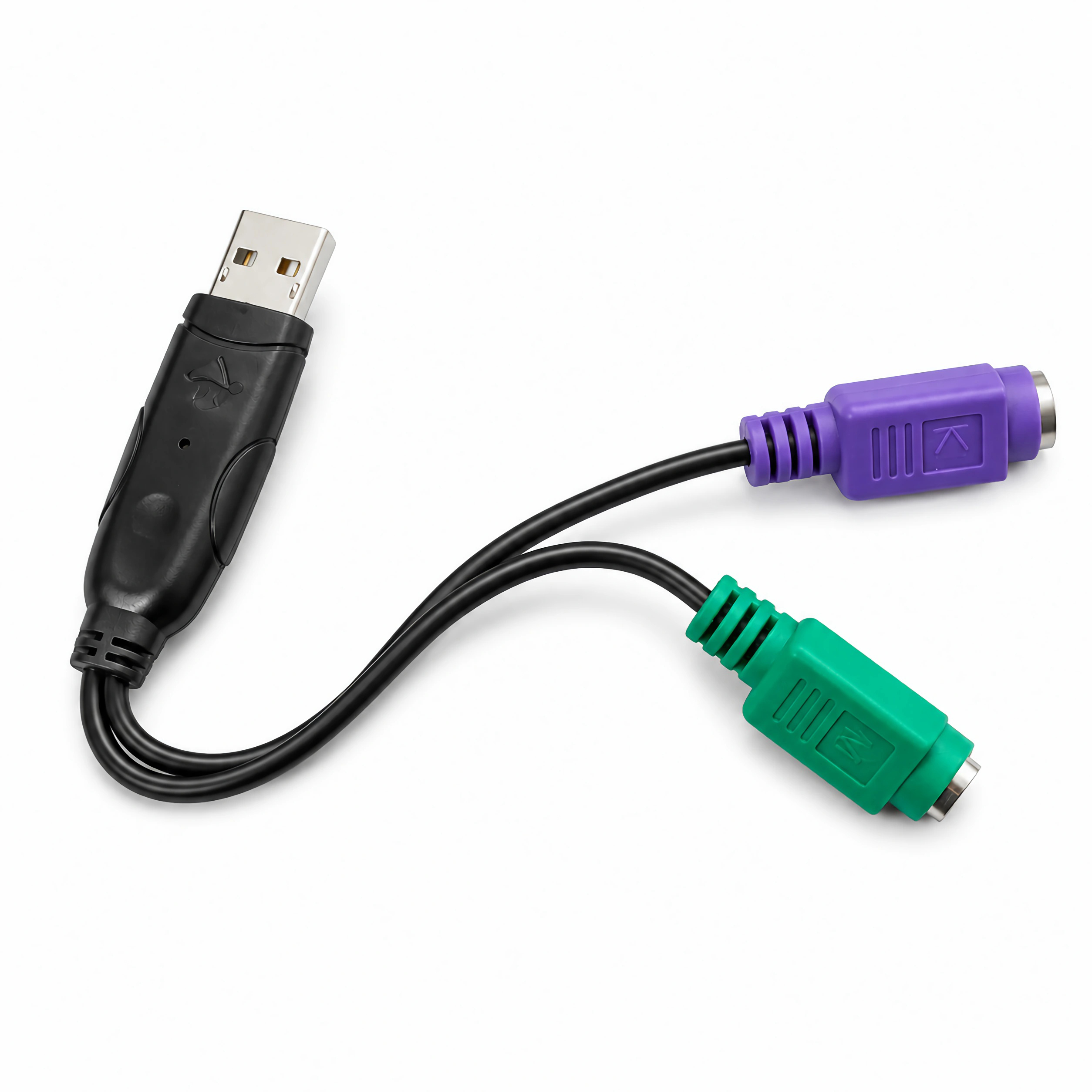 Ein schwarzer USB-Adapter mit einem lila und einem grünen Anschluss.