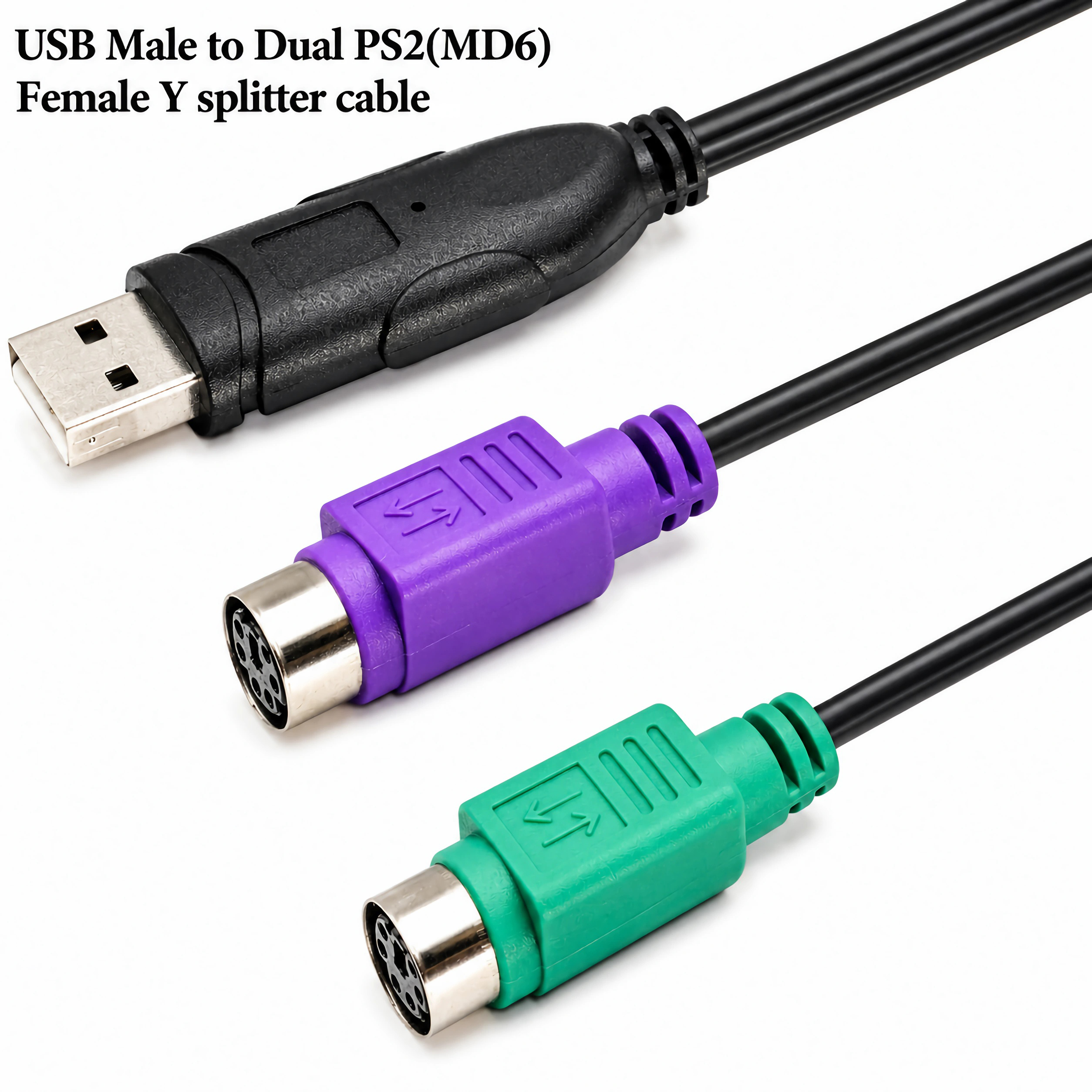 Ein USB-Stecker und zwei PS2-Anschlüsse, lila und grün.