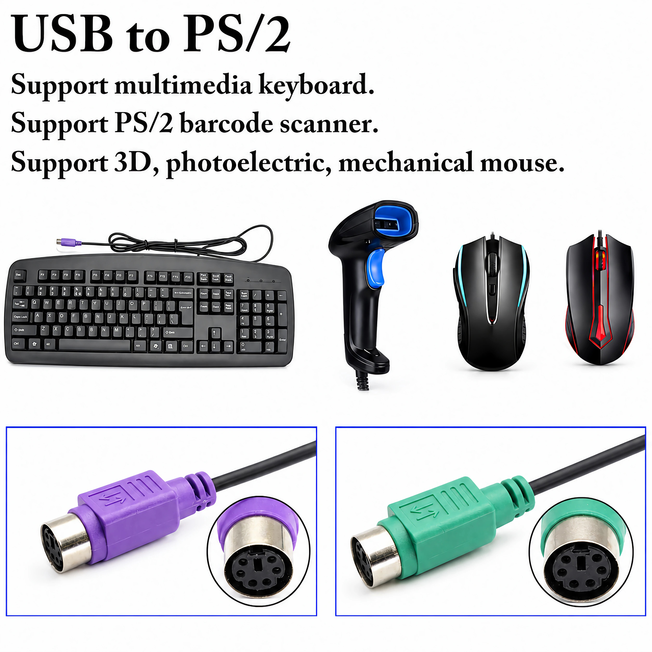 Tastatur, Scanner, zwei Mäuse und PS/2-Adapter mit lila und grünen Steckern.