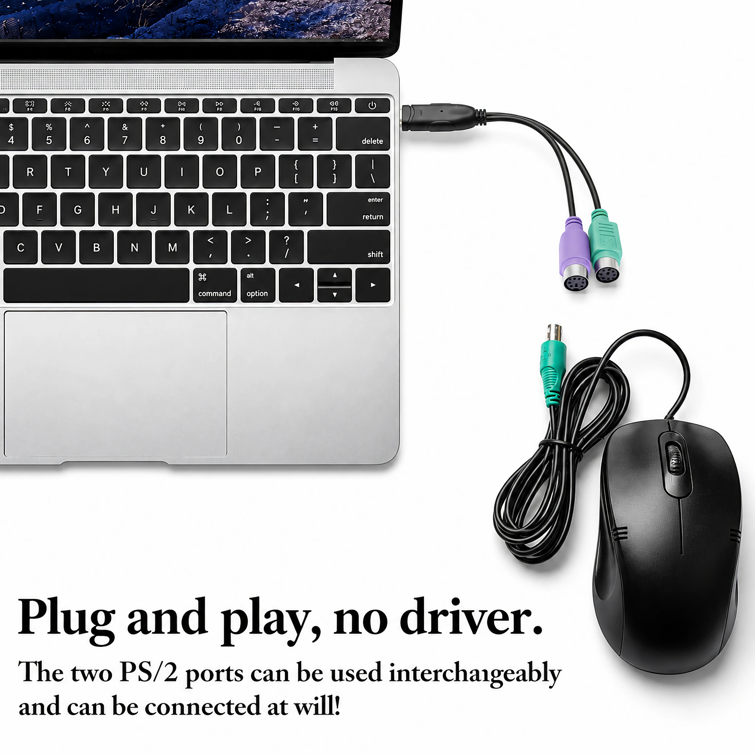 Ein schwarzes PS/2-Kabel für eine Maus und zwei PS/2-Anschlüsse für einen Laptop.
