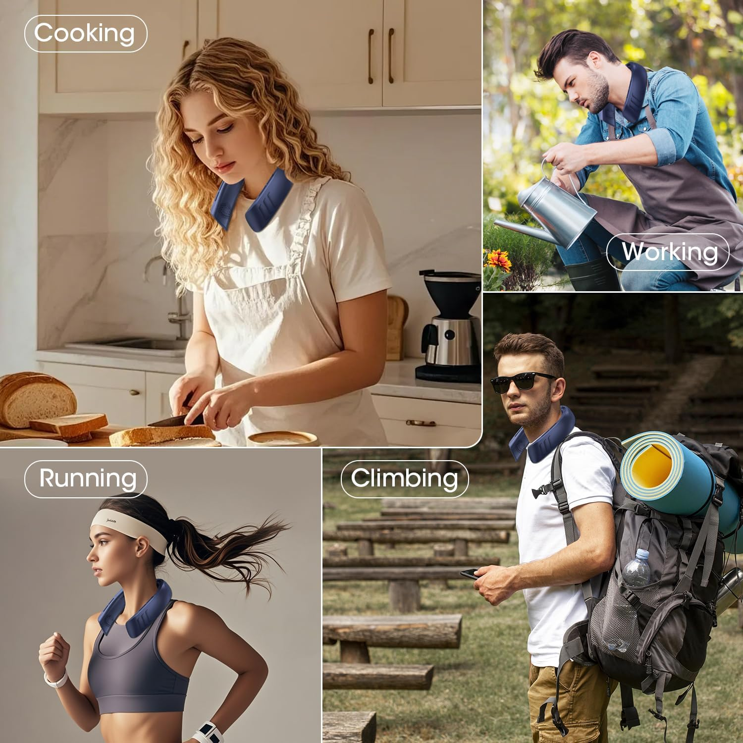 Vier Szenen mit Nackenlüftern: Kochen, Arbeiten, Laufen, Klettern.