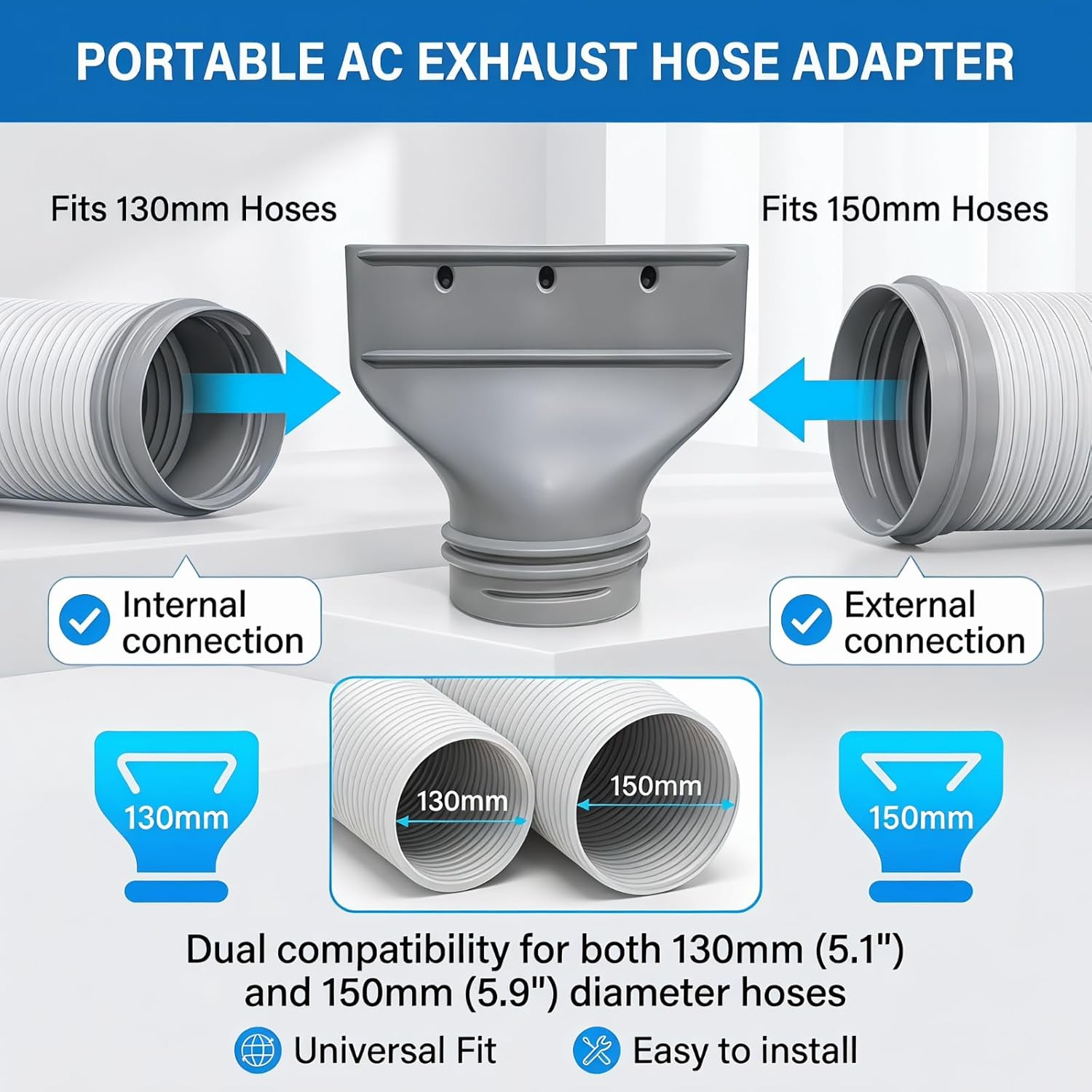 Grauer Adapter für Klimaanlagenschläuche, 130mm und 150mm kompatibel.