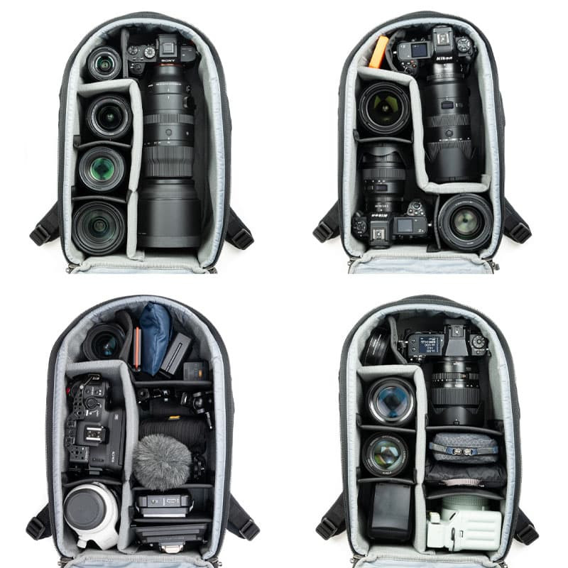 Cuatro bolsas de cámara con equipo fotográfico ordenado.