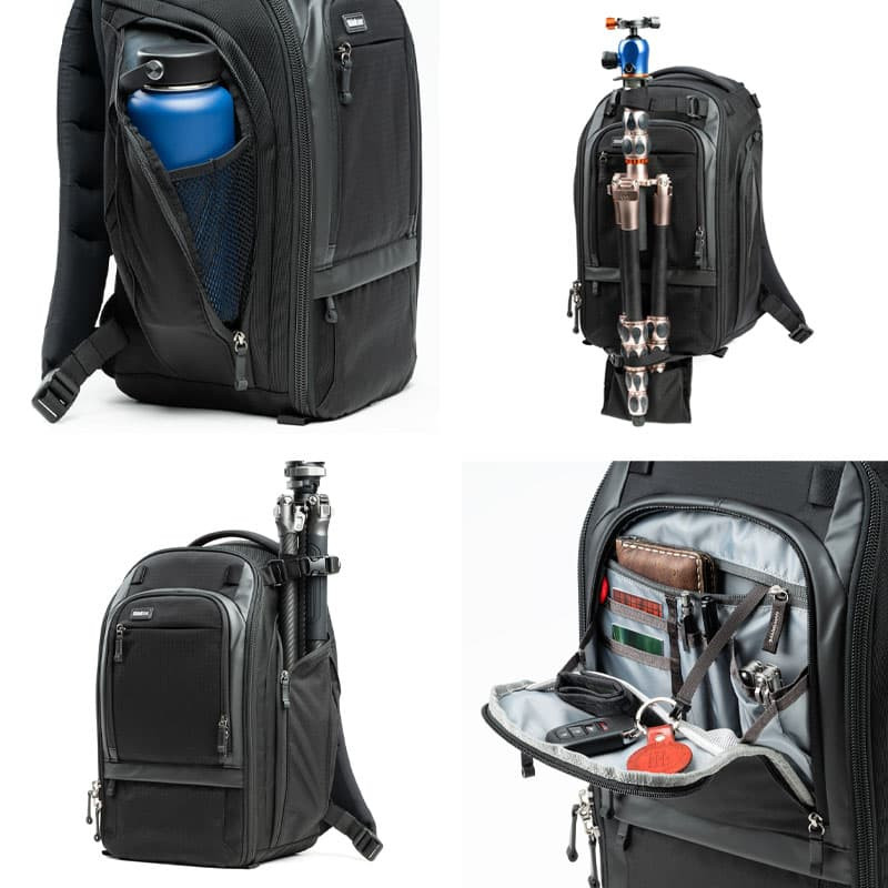 Cuatro vistas de una mochila negra con trípode y botella de agua.