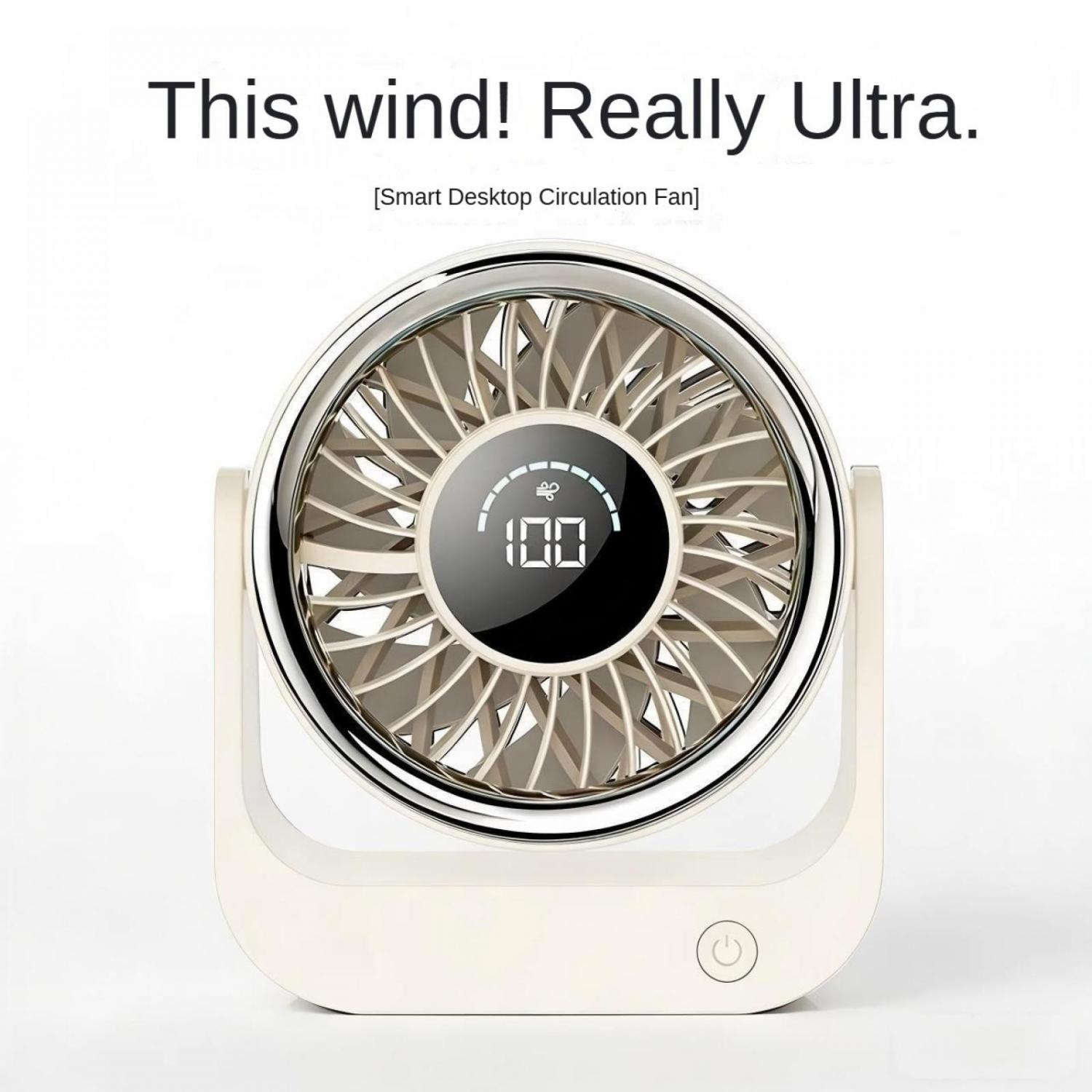 Ein weißer Schreibtischventilator mit silbernem Rand und digitaler Anzeige.