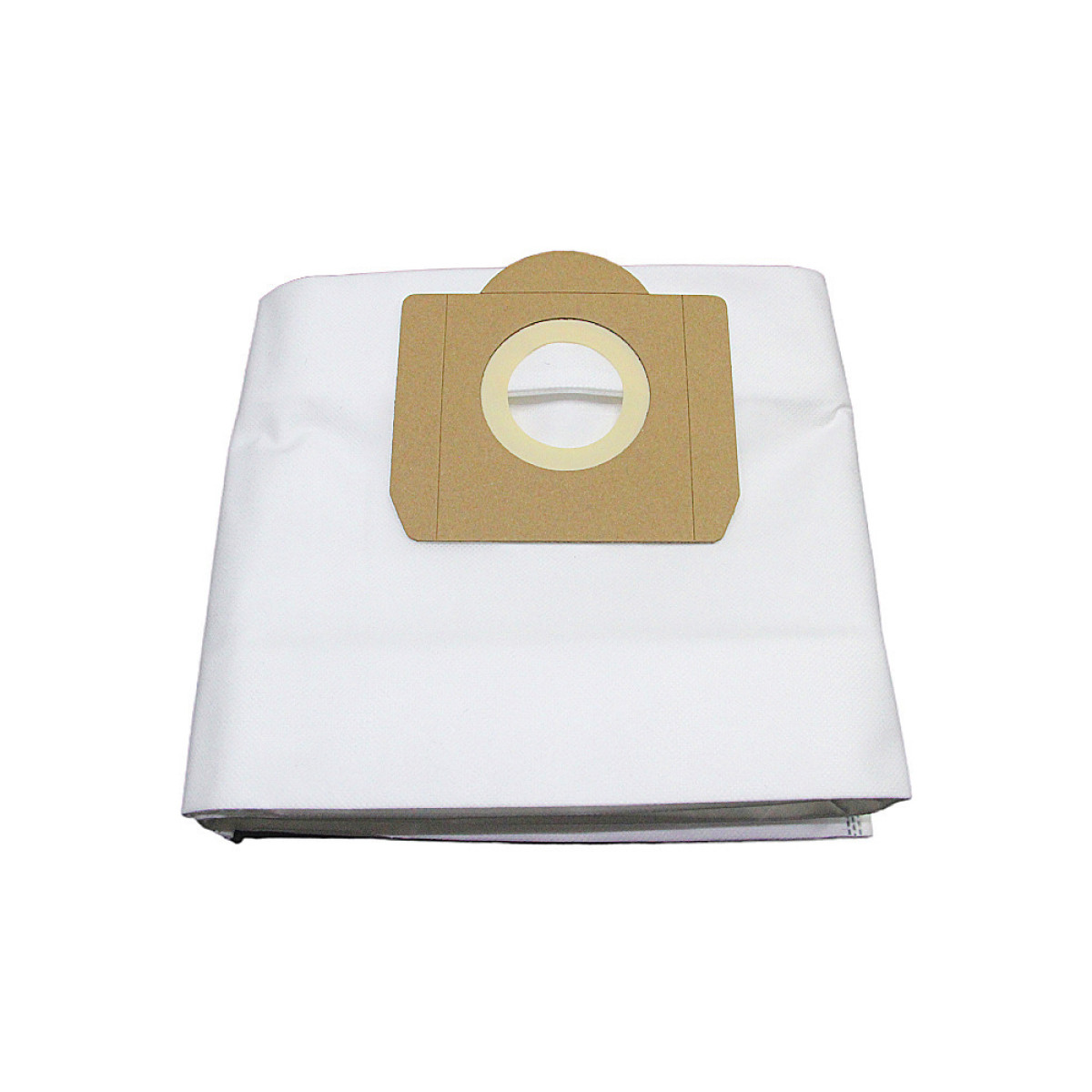 Una bolsa de aspiradora blanca con conector de cartón marrón, aislada sobre blanco.