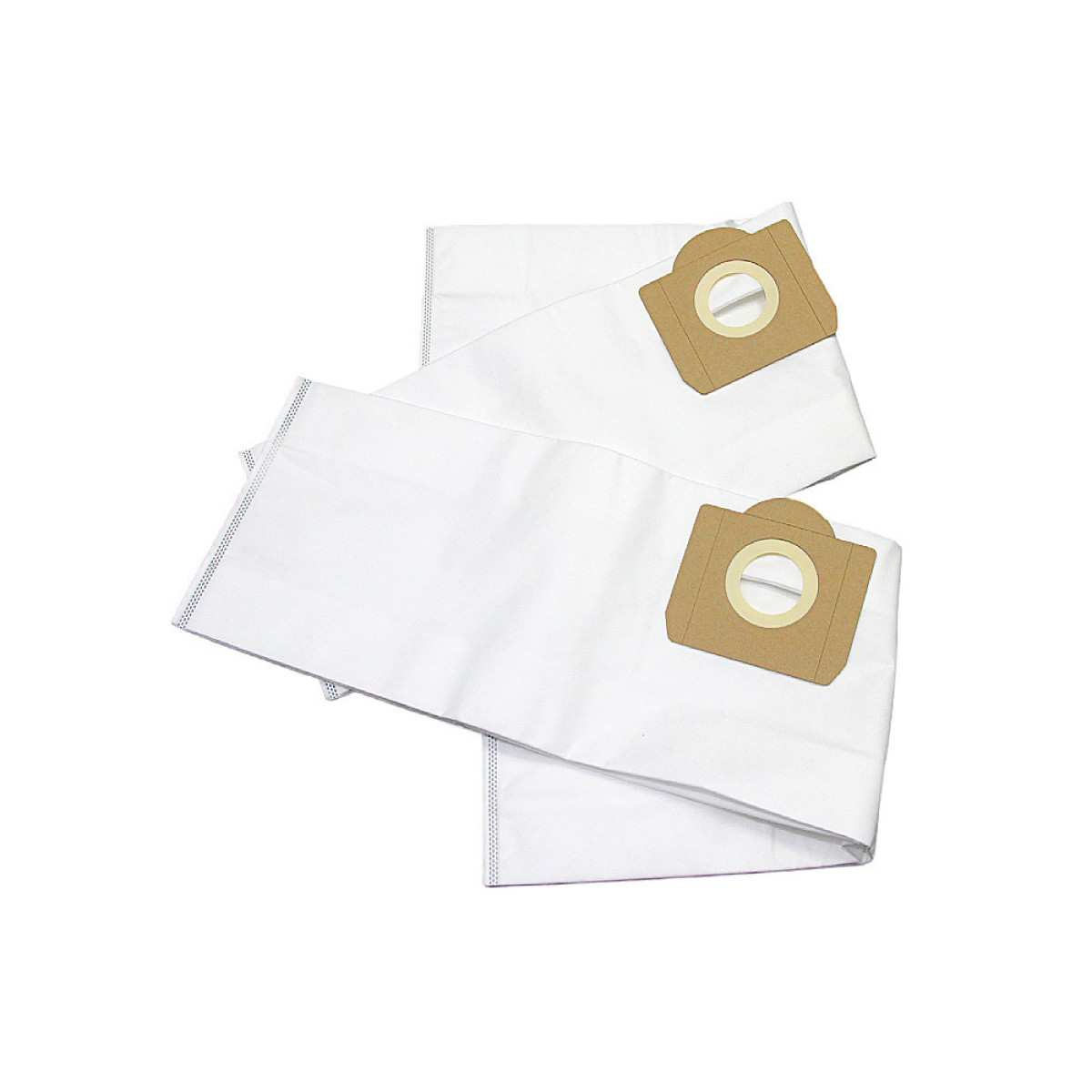 Dos bolsas blancas para aspiradora con collarín de cartón y aberturas circulares.