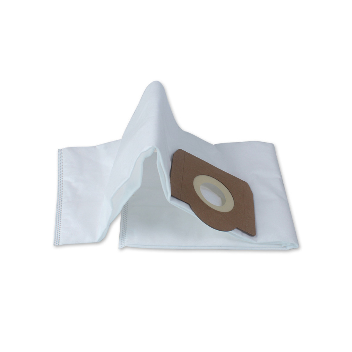 Una bolsa de aspiradora blanca de papel con un cuello marrón y una abertura redonda.
